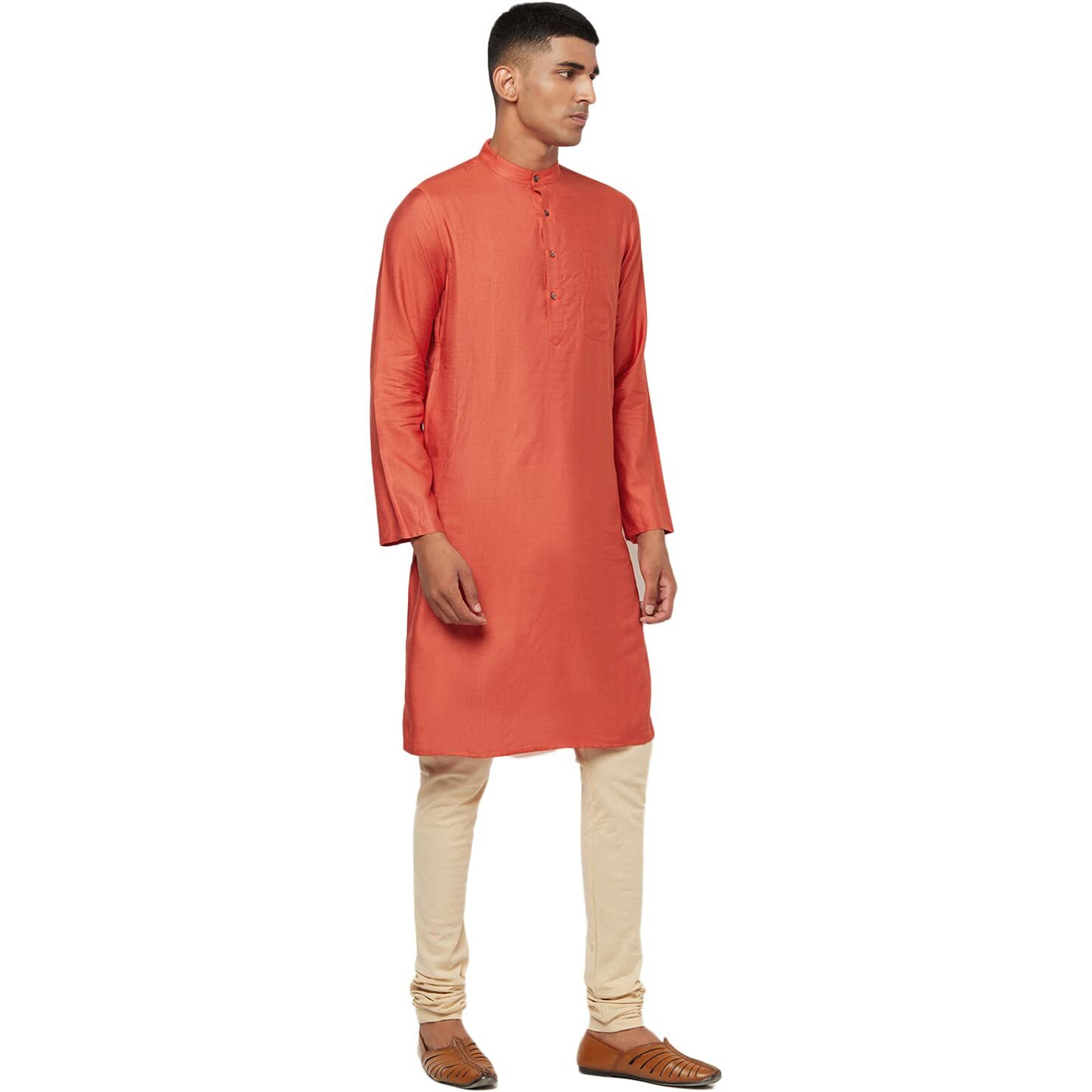 Fabindia Men Viscose Silk Slim Fit Long Kurta Rust_S
