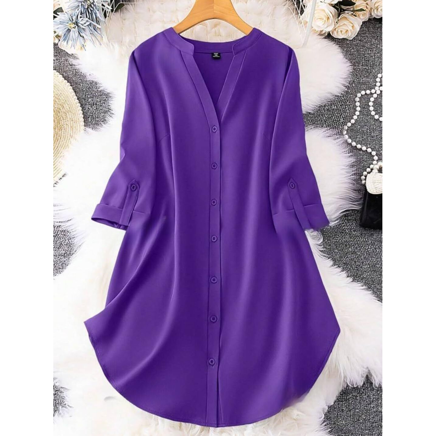Gufrina Dresses For Women||Viscose Rayon Solid Button Front Shirt Dress For Women || Roll Tab Sleeve & Collared Neck Flared Dress ||Front Open Button|| Office || Short Dresses For Women.(Purple Xl)