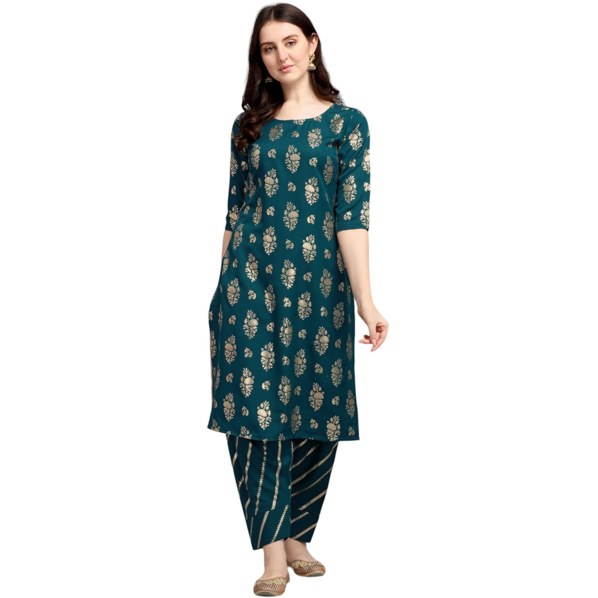 Gufrina Women's Rayon Straight Kurta & Dhoti Pant With Round Neck 3/4Th Sleeves Solid Pattern Calf Length A Line Style And Regular Fit