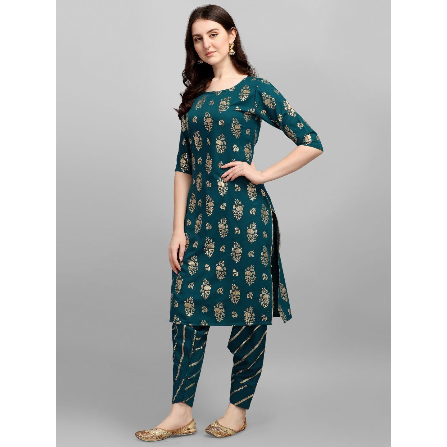 Gufrina Women's Rayon Straight Kurta & Dhoti Pant With Round Neck 3/4Th Sleeves Solid Pattern Calf Length A Line Style And Regular Fit