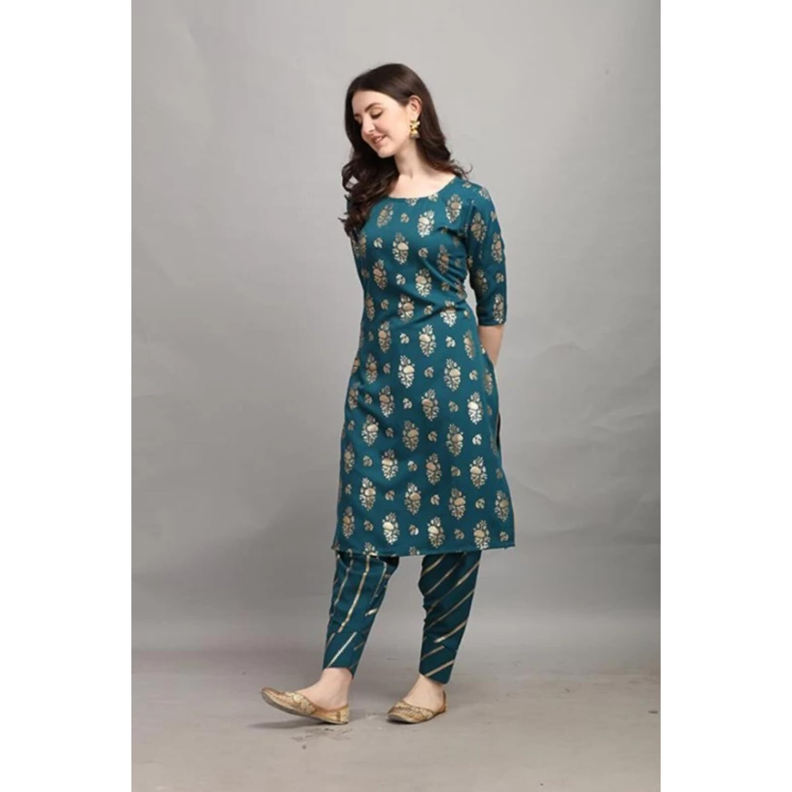 Gufrina Women's Rayon Straight Kurta & Dhoti Pant With Round Neck 3/4Th Sleeves Solid Pattern Calf Length A Line Style And Regular Fit