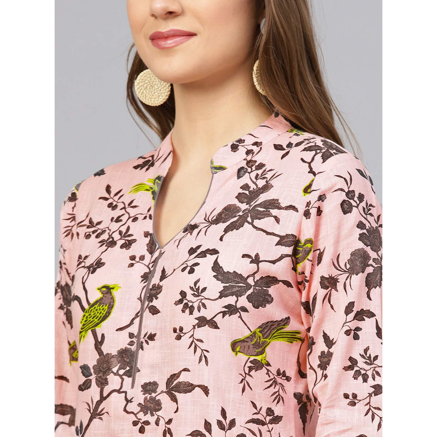 Idalia Womens Ethnic Wear Baby Pink And Grey Printed Straight Cotton Kurta With Palazzo Set For Women Fashion