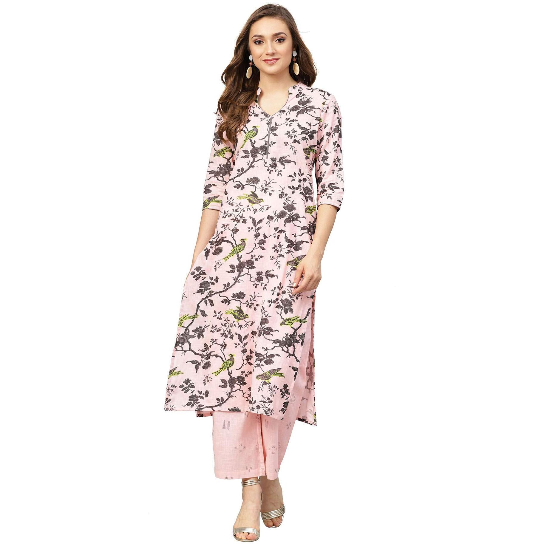Idalia Womens Ethnic Wear Baby Pink And Grey Printed Straight Cotton Kurta With Palazzo Set For Women Fashion