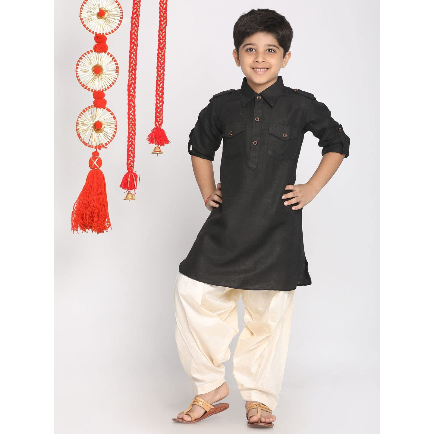 Jbn Creation Boys' Black Cotton Blend Pathani Suit Set