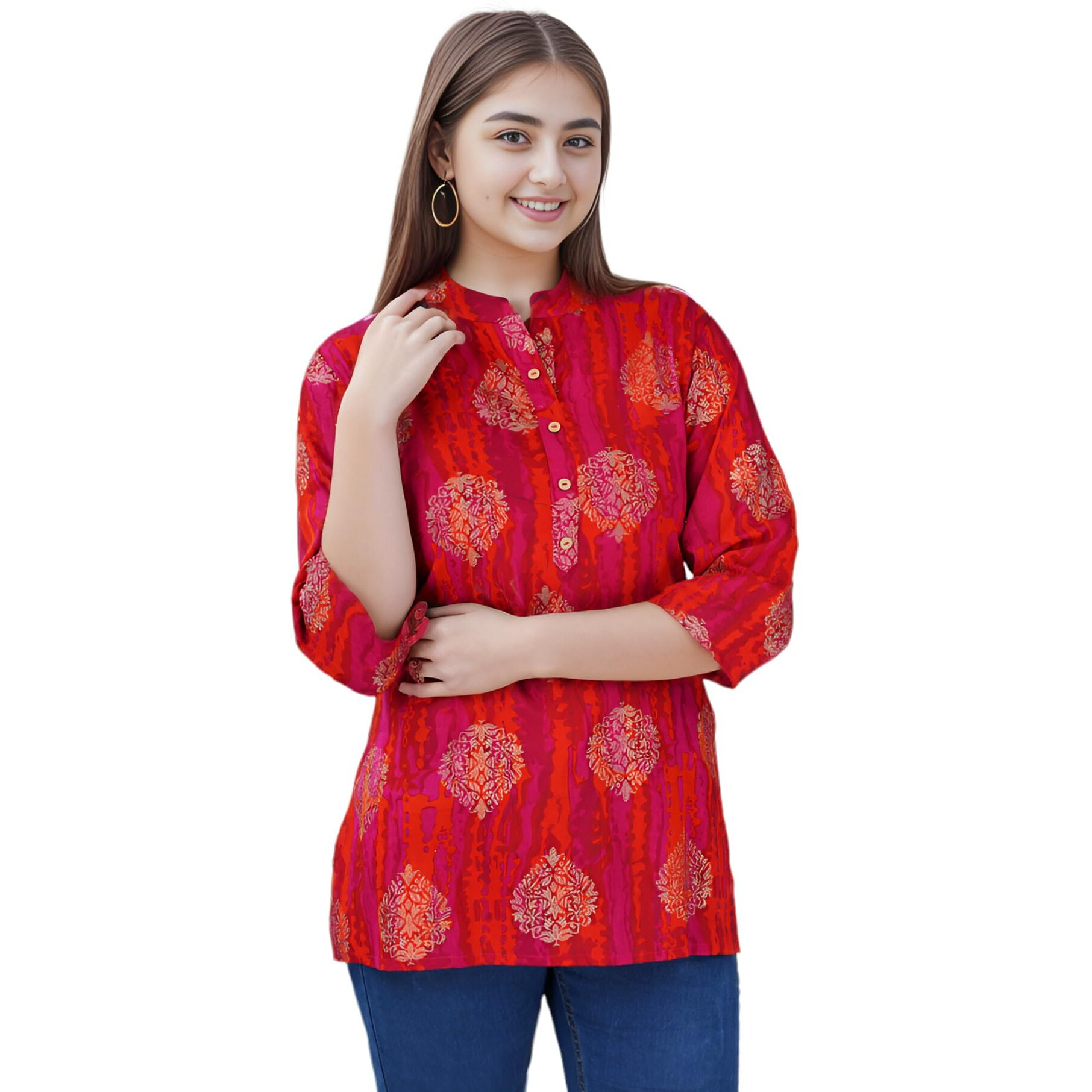 Jikonet Women's Regular Straight Short Kurti/Kurta - 523, (Small, Red)