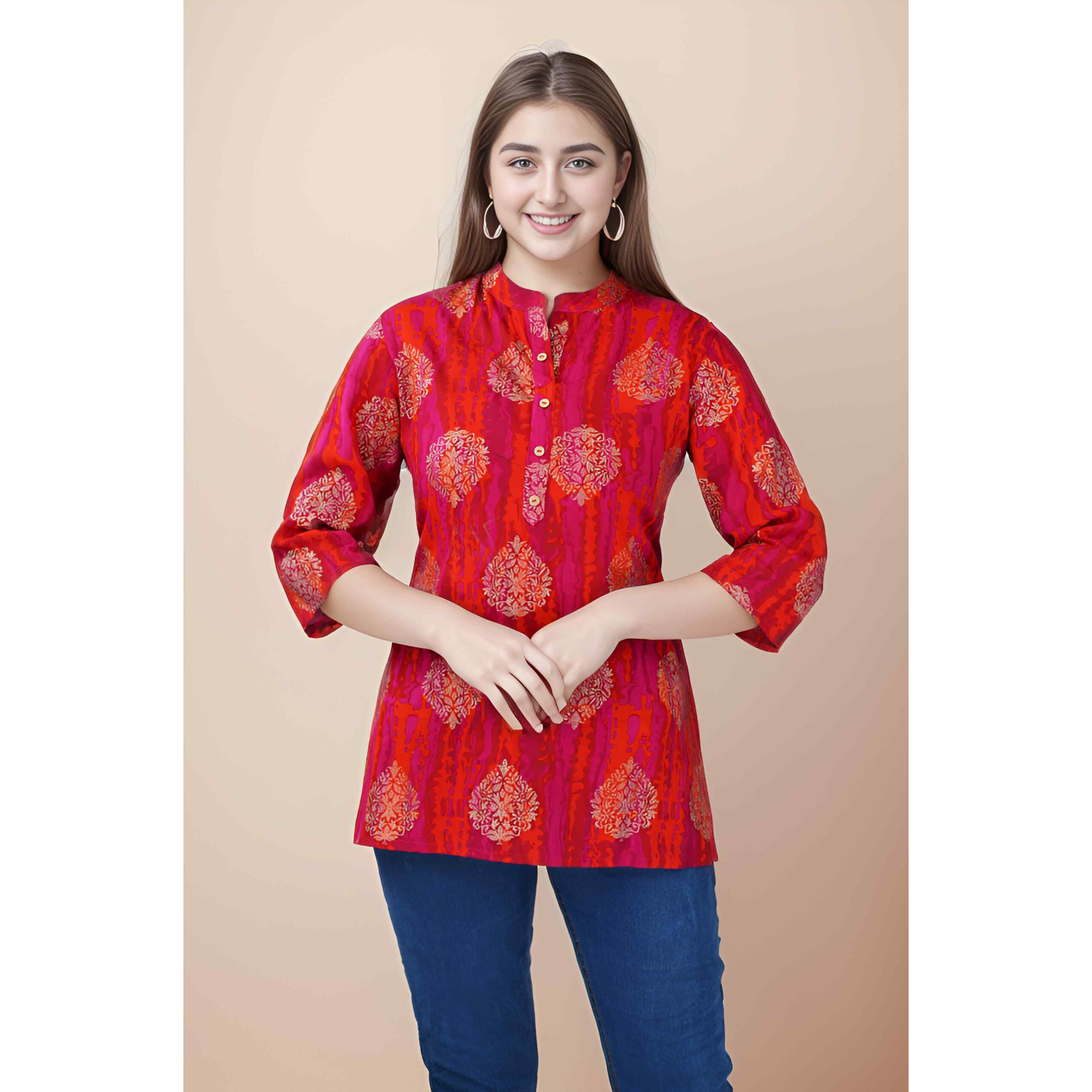 Jikonet Women's Regular Straight Short Kurti/Kurta - 523, (Small, Red)