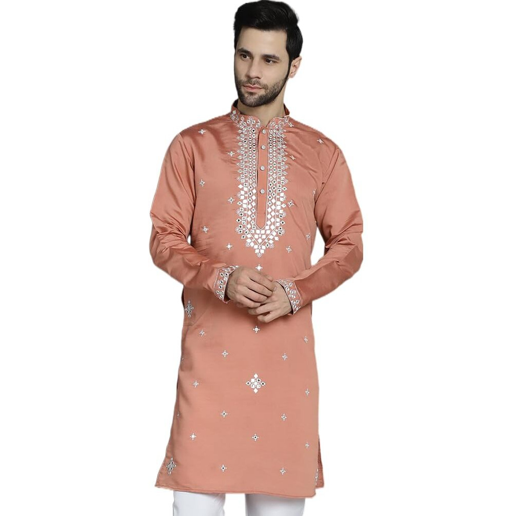 Jompers Men's Peach Embroidered Kurtas (Peach, L)
