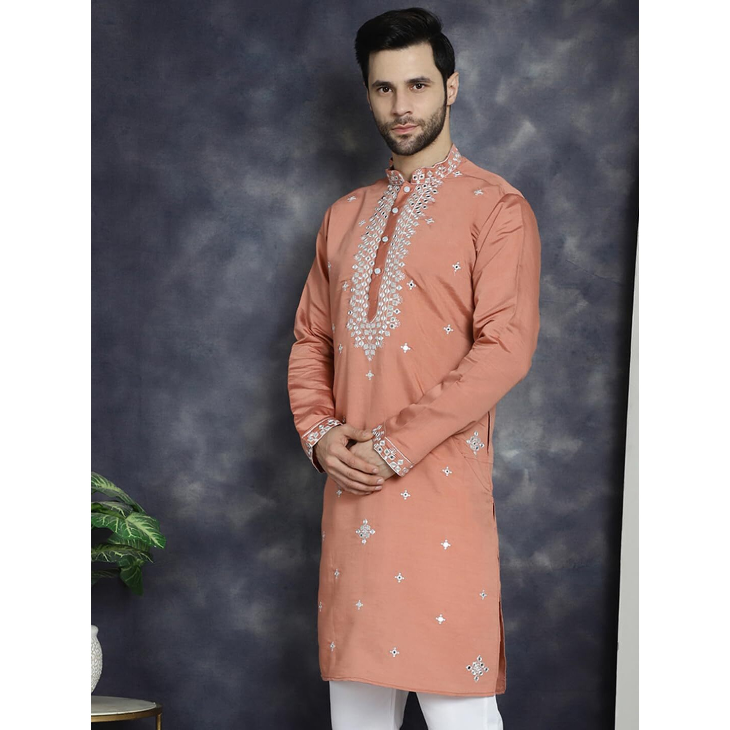 Jompers Men's Peach Embroidered Kurtas (Peach, L)