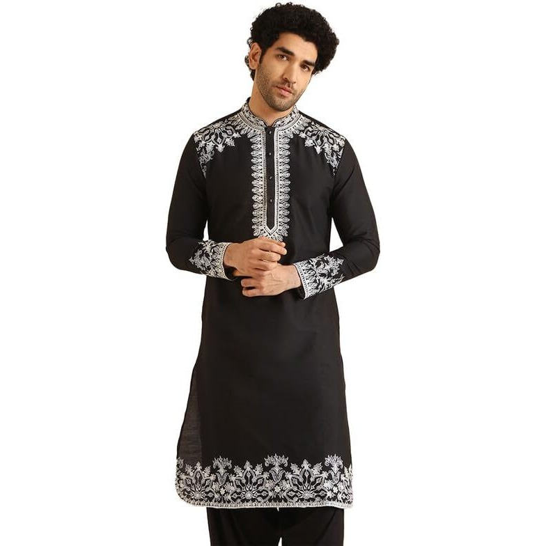 Kisah Men's Kurta, Black Cotton Blend, Embroidered Mandarin Collar Regular Fit Long Sleeves (40)
