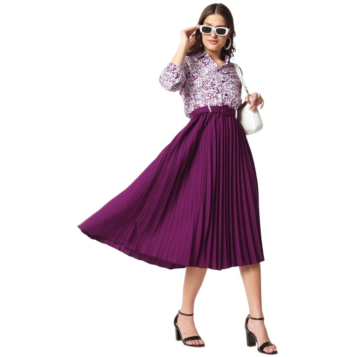 Kzully | Women's Elegant Printed Midi Dress | 3/4 Sleeves | Pleats, And Belt | Round Neckline | Classic A-Line Plain Skirt
