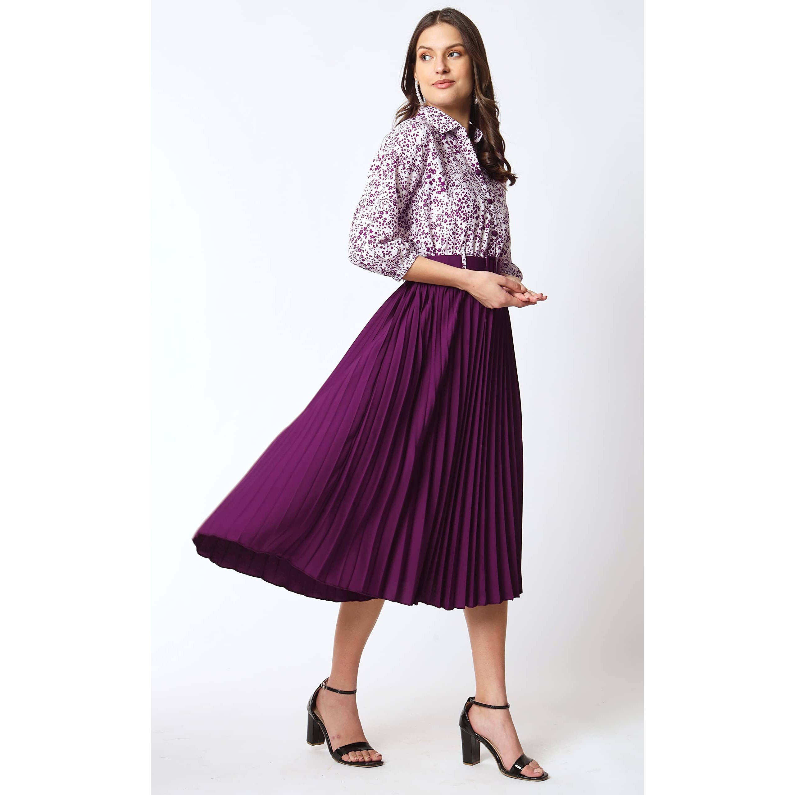 Kzully | Women's Elegant Printed Midi Dress | 3/4 Sleeves | Pleats, And Belt | Round Neckline | Classic A-Line Plain Skirt