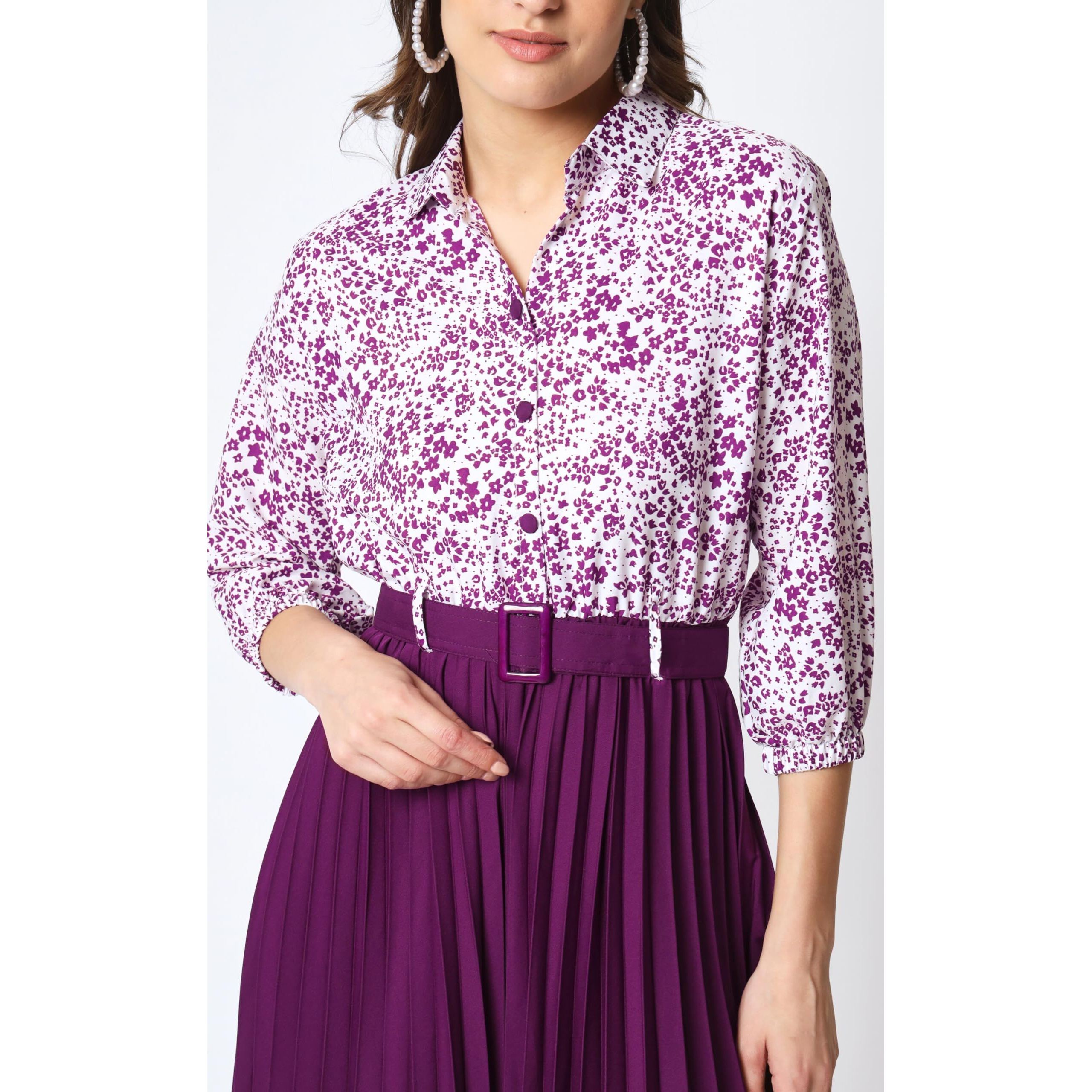 Kzully | Women's Elegant Printed Midi Dress | 3/4 Sleeves | Pleats, And Belt | Round Neckline | Classic A-Line Plain Skirt