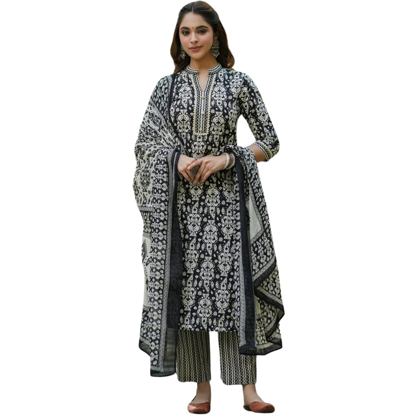 Nainvish Women's Rayon Printed Straight V-Neck Kurta Pant With Dupatta (Sd685_Kbd-Xl_Black)