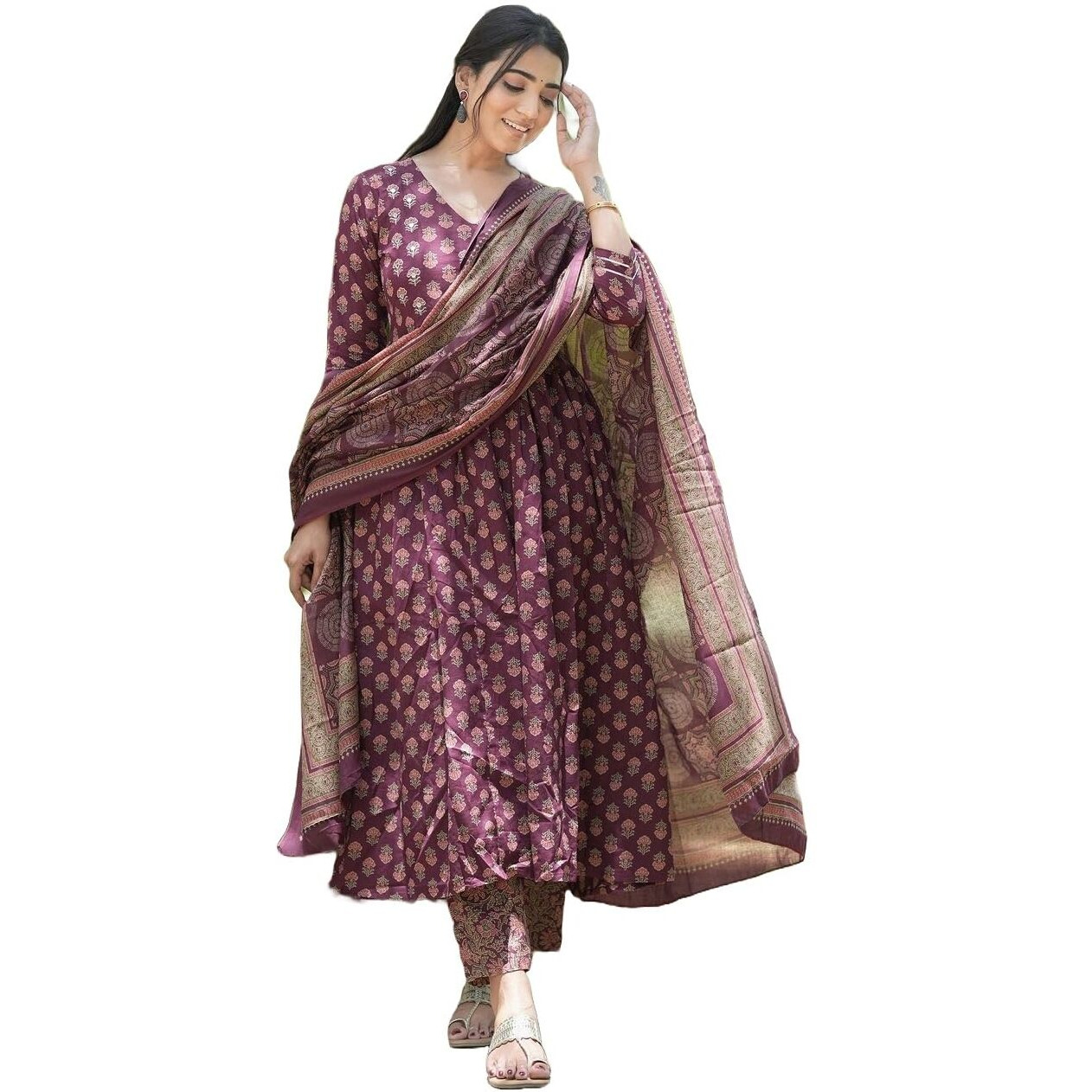 Nermosa Women Printed Anarkali Kurta And Pant Set With Dupatta (In, Alpha, L, Wine)