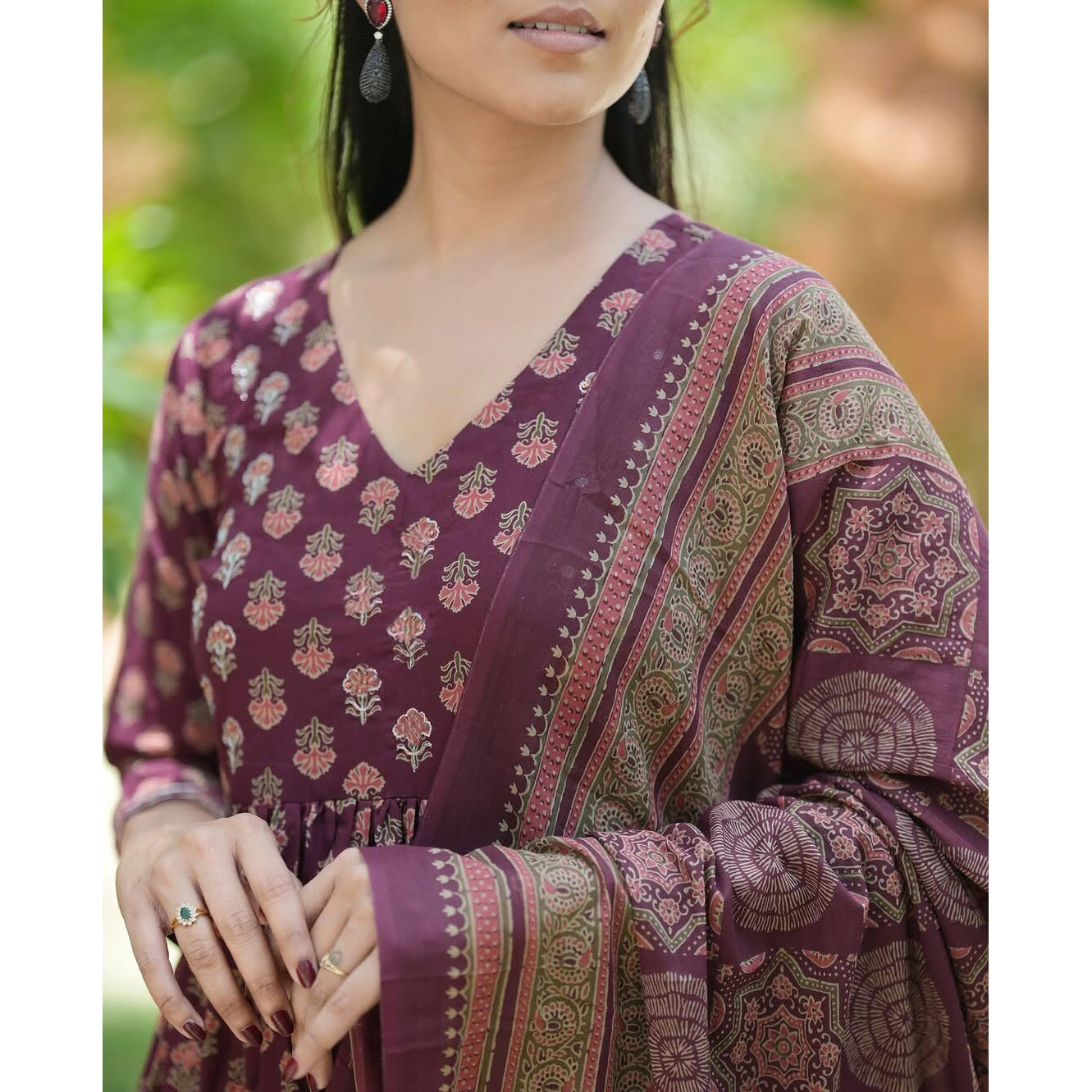 Nermosa Women Printed Anarkali Kurta And Pant Set With Dupatta (In, Alpha, L, Wine)