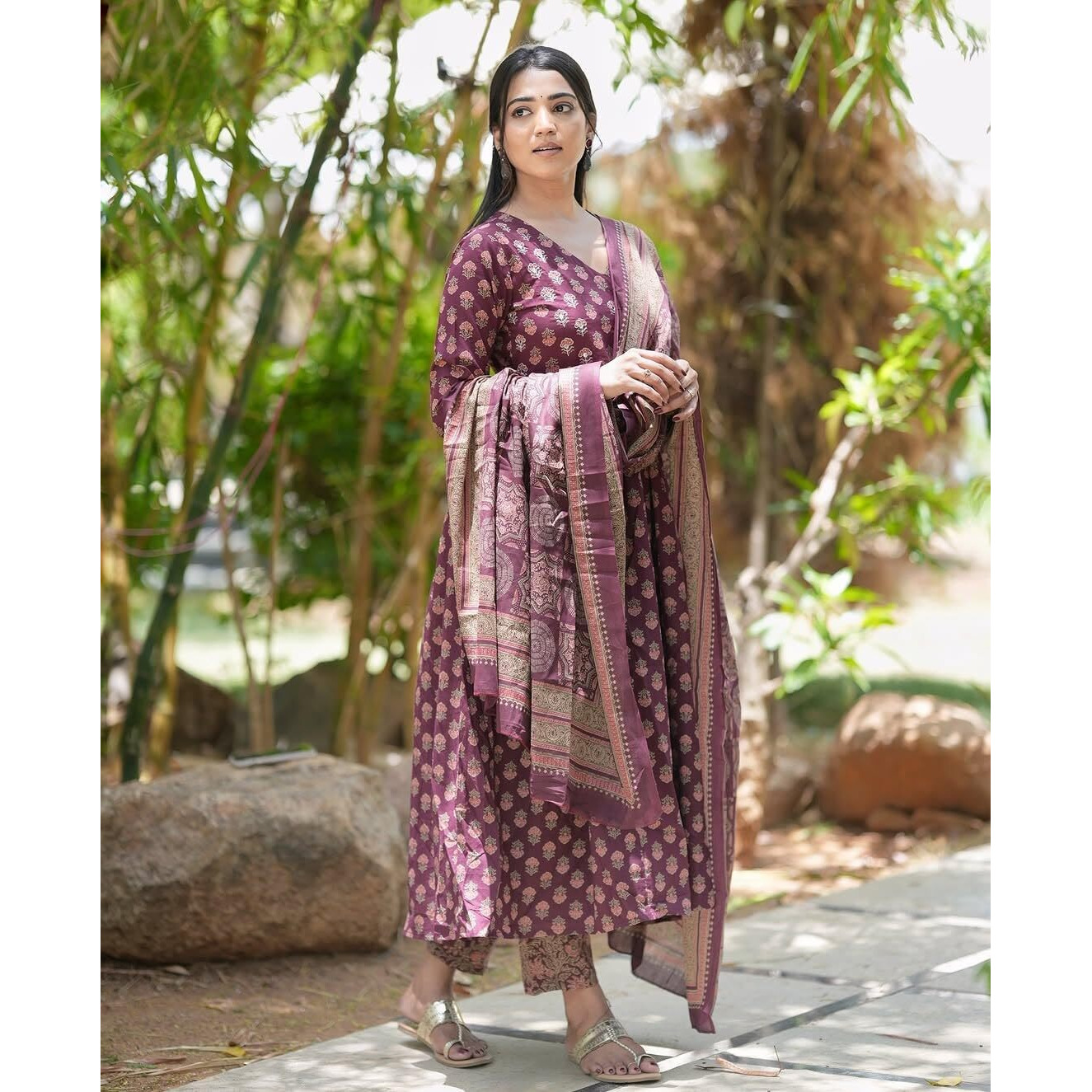 Nermosa Women Printed Anarkali Kurta And Pant Set With Dupatta (In, Alpha, L, Wine)