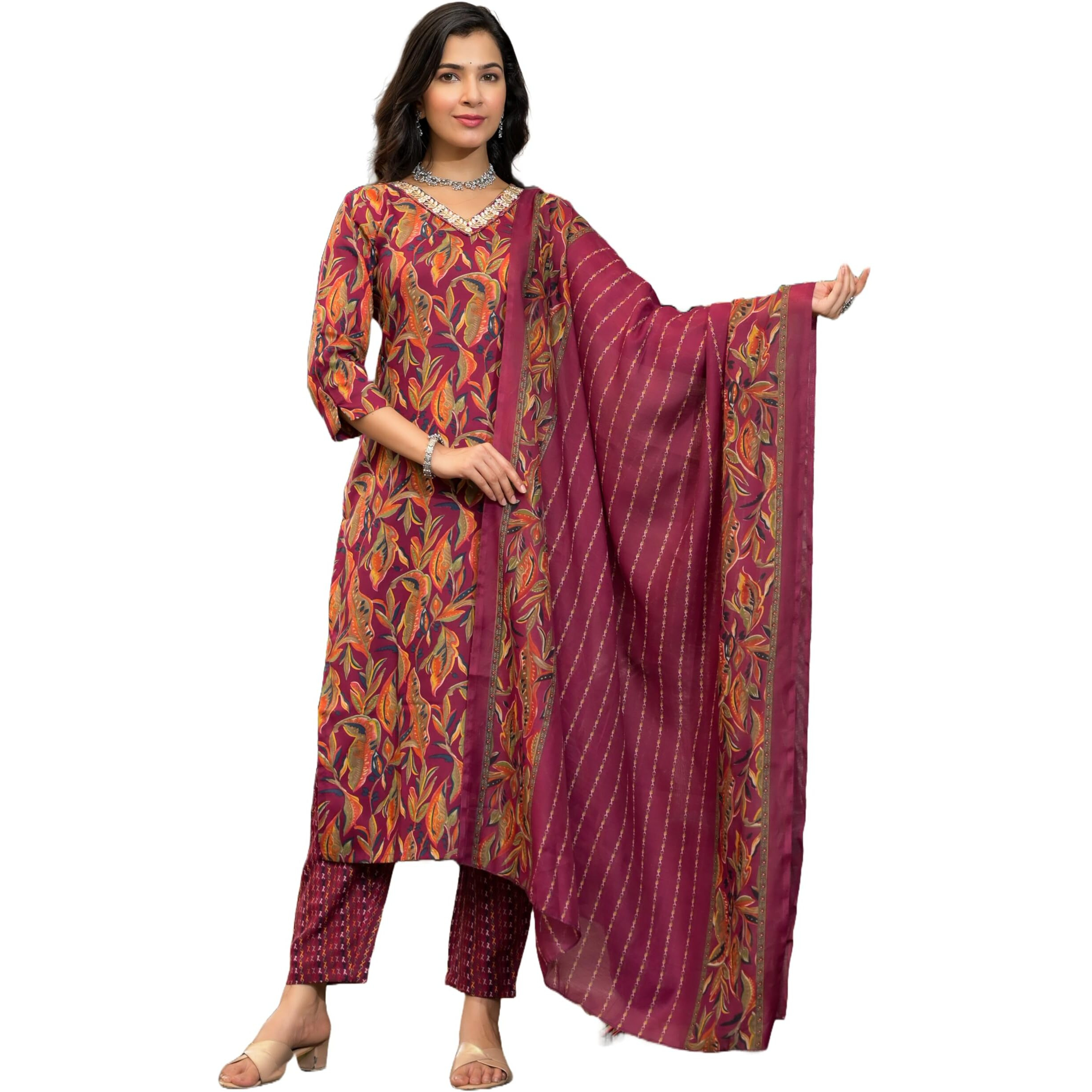 Nermosa Women Printed Kurta And Pant Set With Dupatta (In, Alpha, L, Red)