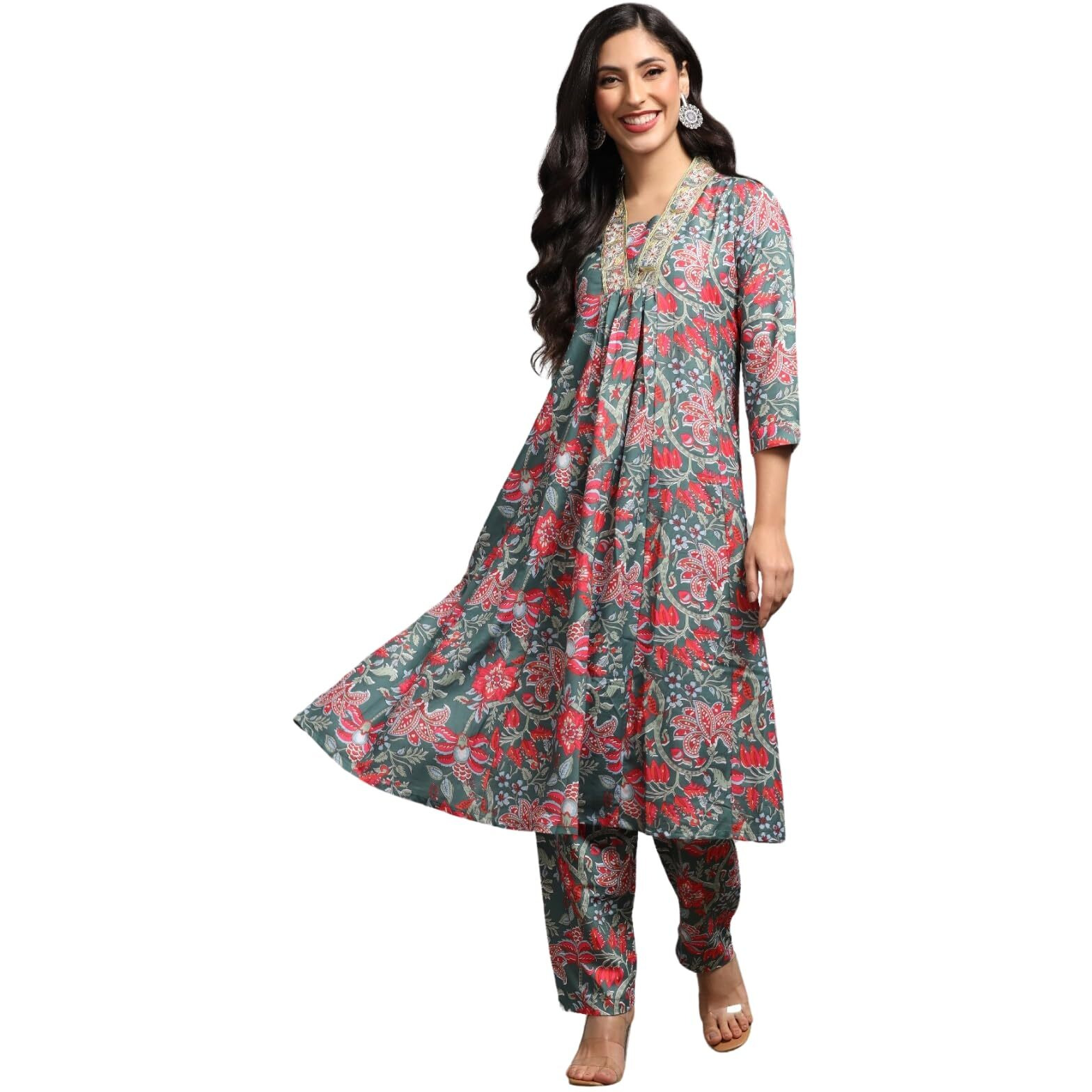 Om Sai Latest Creation Alia Cut Kurta Set For Women | Alia Cut Anarkali Set For Women | Embroidery Kurta Set For Women. (Xx-Large, Olive)