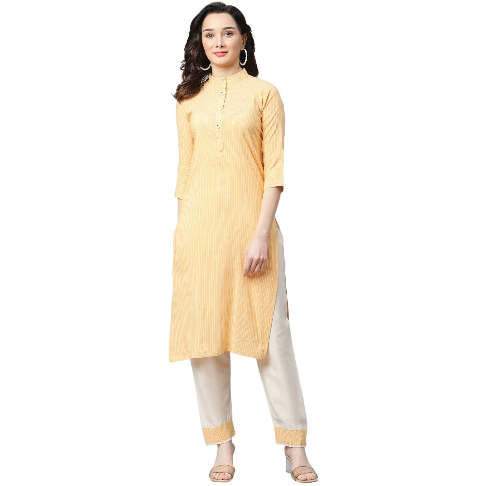 Om Sai Latest Creation Women Latest Rayon Rajasthani Printed Kurta With Pant Set Straight Kurti (Large, Yellow)