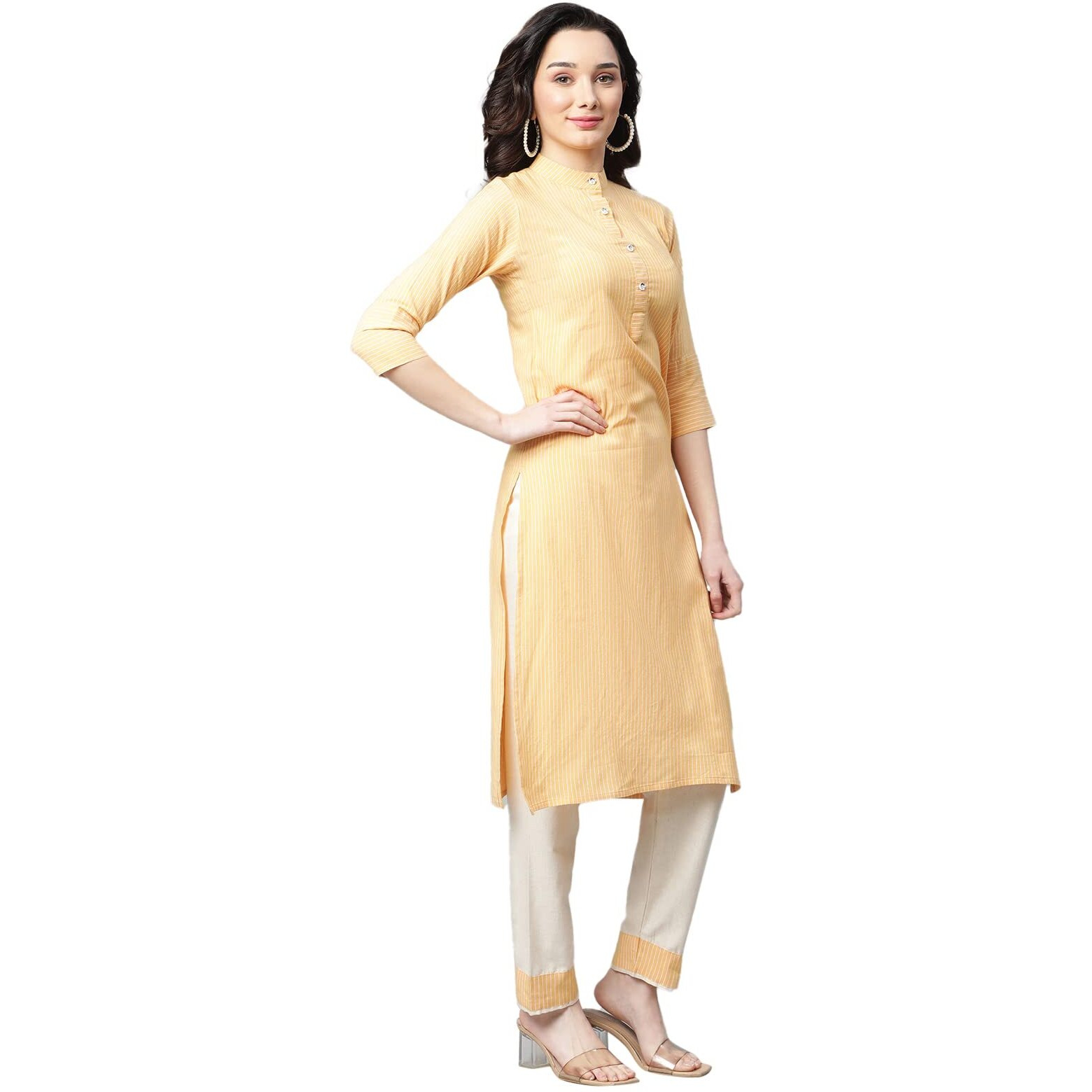 Om Sai Latest Creation Women Latest Rayon Rajasthani Printed Kurta With Pant Set Straight Kurti (Large, Yellow)