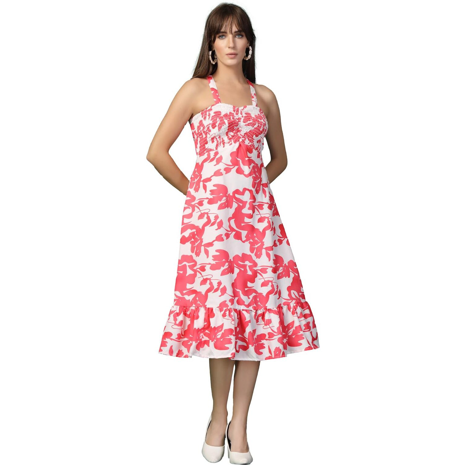 Oomph Women's Western & Fusion Wear Printed Crepe Dress For Women, Smocked Bodice, White - Md1052