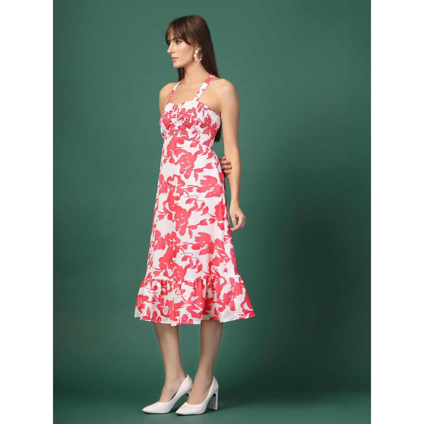 Oomph Women's Western & Fusion Wear Printed Crepe Dress For Women, Smocked Bodice, White - Md1052