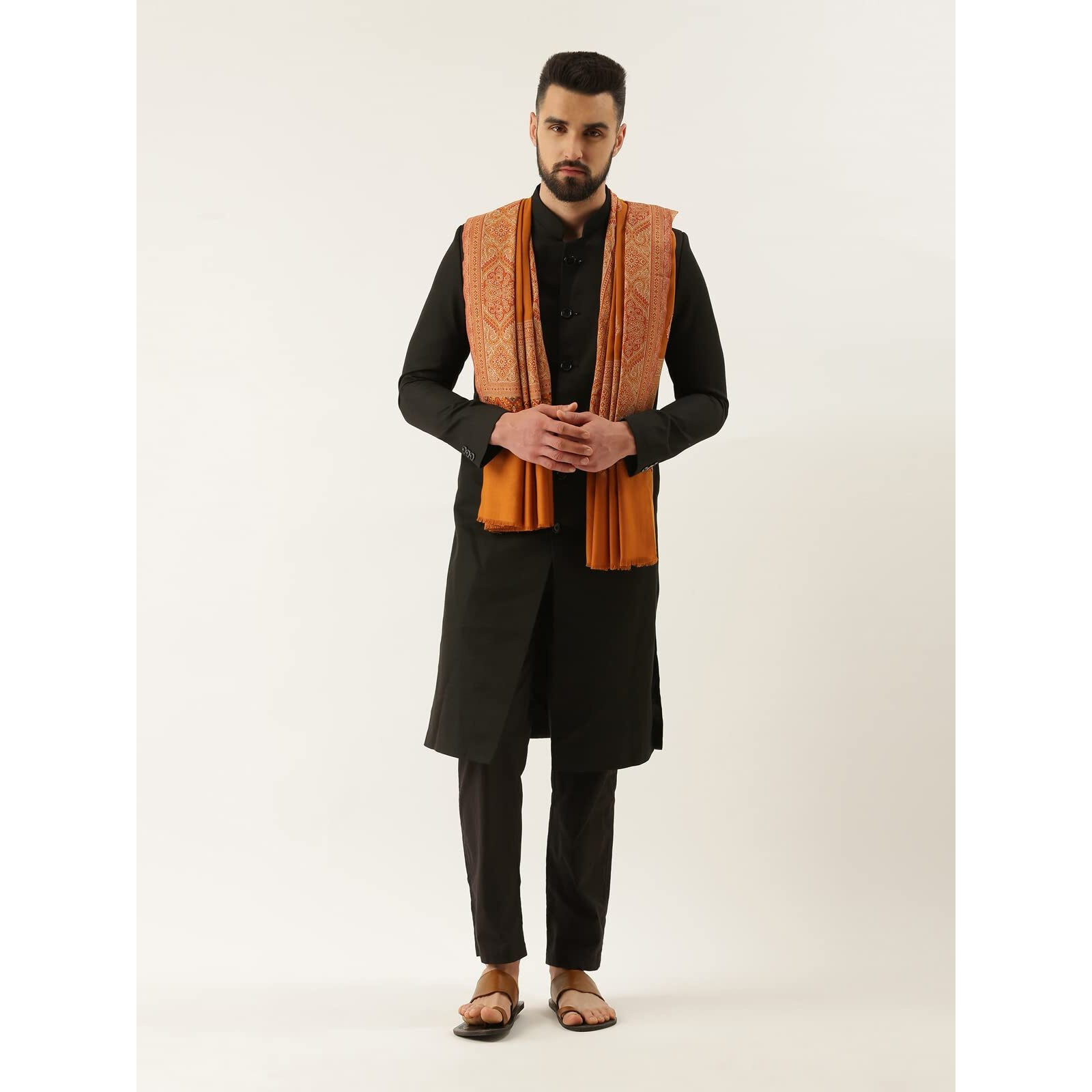 Pashmoda Men Jamawar Kashmiri Luxury Shawl, Size 101X203 Cm, Mustard Color