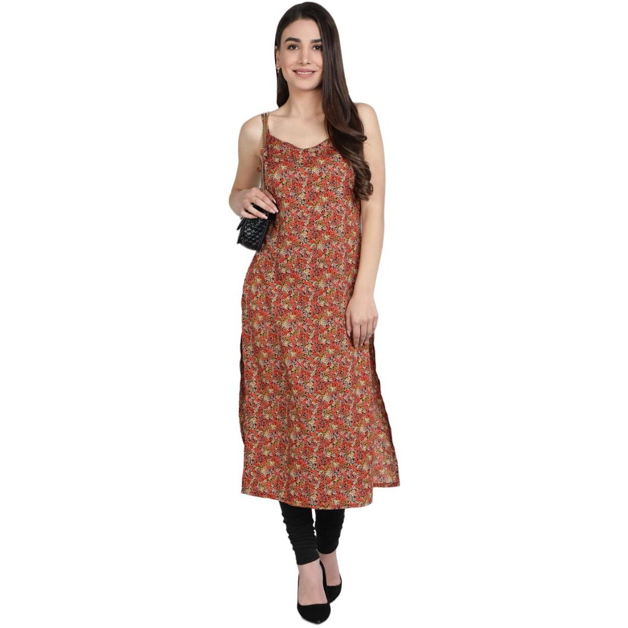 Patlani Women's Cotton Blened Sleeveless Printed Full Stitched Kurti.(K-199) Orange