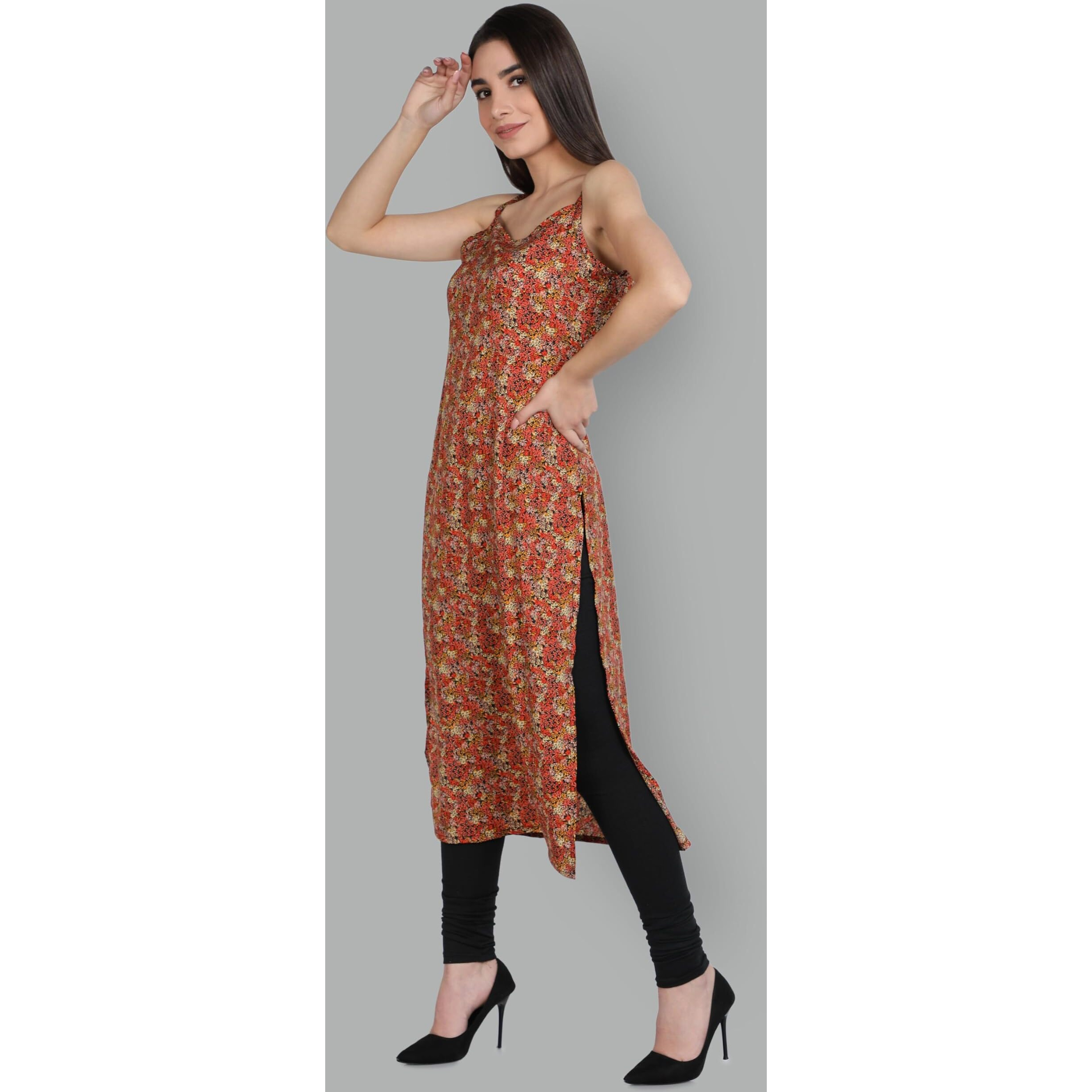 Patlani Women's Cotton Blened Sleeveless Printed Full Stitched Kurti.(K-199) Orange