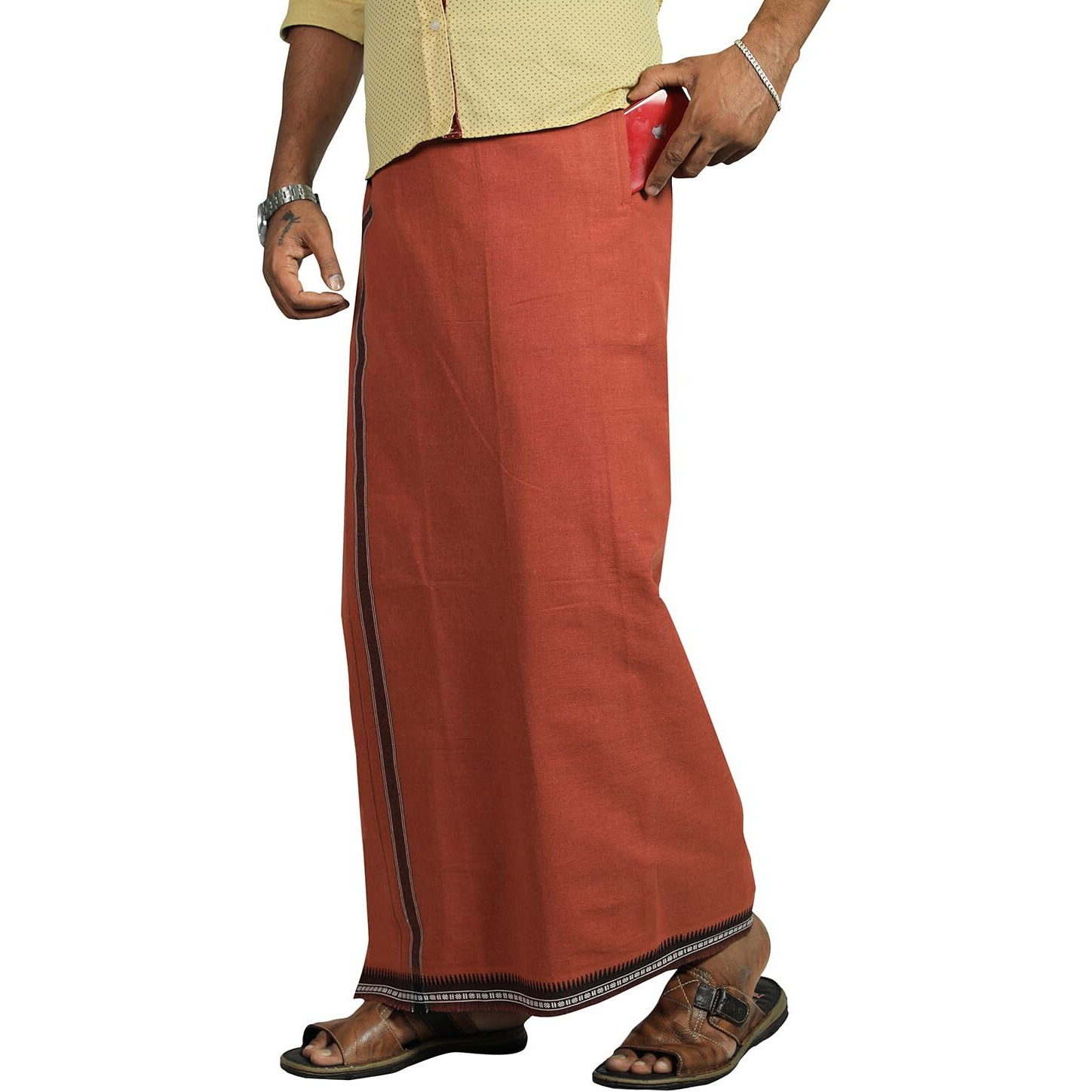 Prakasam Cotton Mens Cotton Kerala Thalapathi Border Welcro Pocket Dhoti (Size -M Size Dhoti) / Dark Kavi Colour Thalapathi Adjustable Pocket Dhoties For Mens