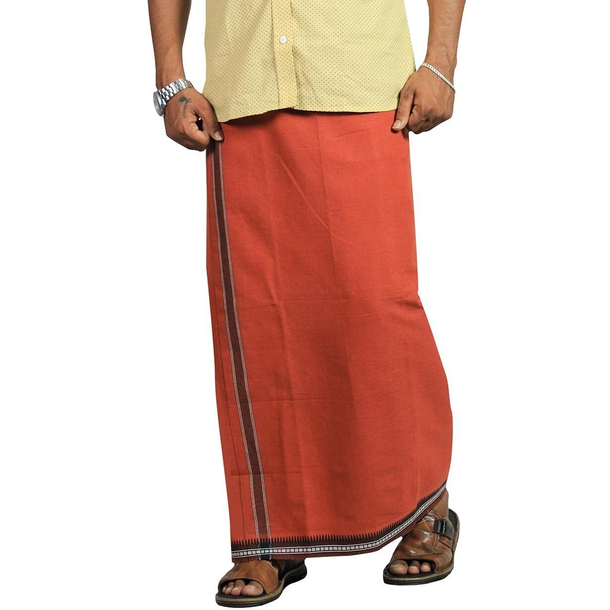 Prakasam Cotton Mens Cotton Kerala Thalapathi Border Welcro Pocket Dhoti (Size -M Size Dhoti) / Dark Kavi Colour Thalapathi Adjustable Pocket Dhoties For Mens