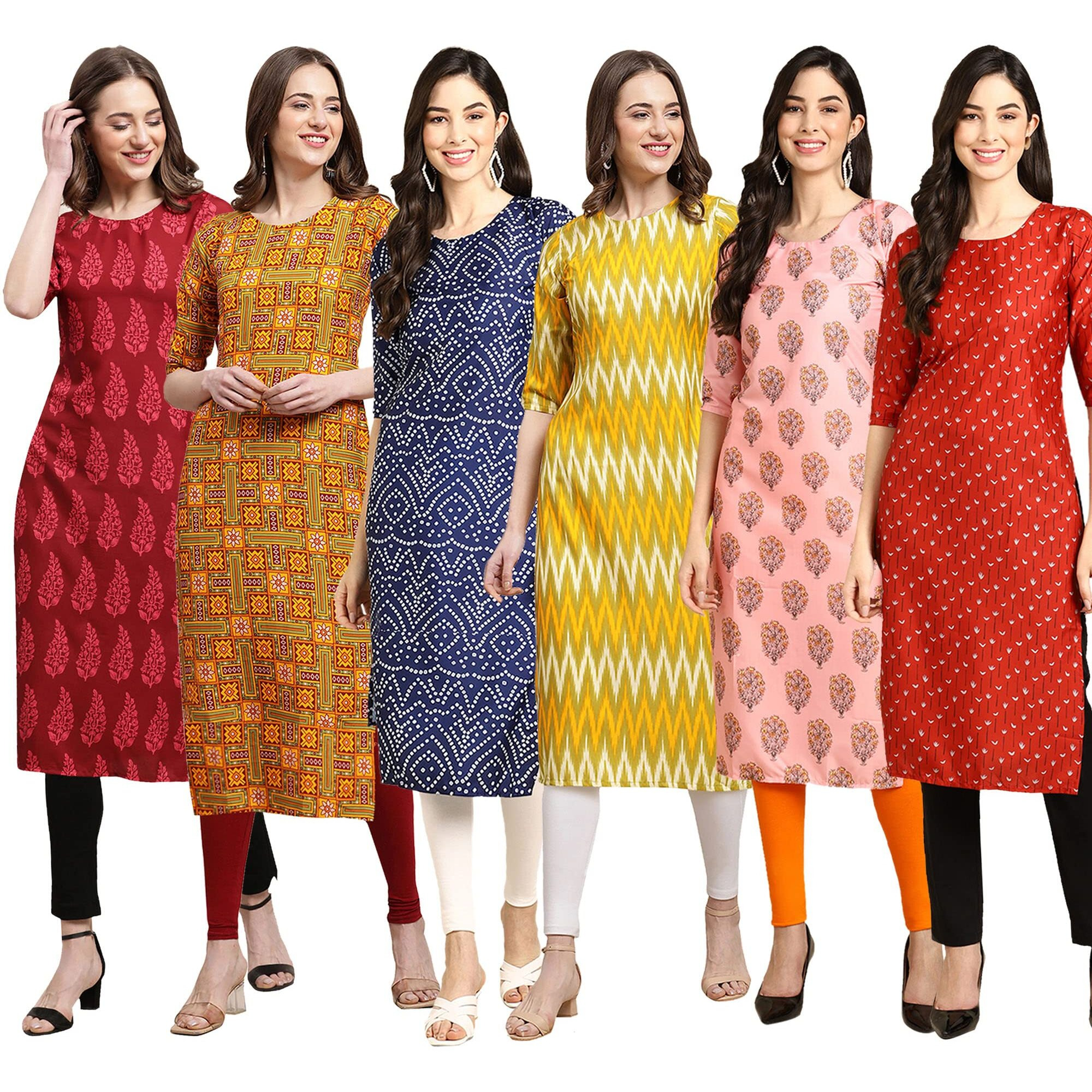 Pinkmint Women's Crepe Digital Print Straight Kurta Pack Of 6 [Cr-337-333-366-329-368-370-L]