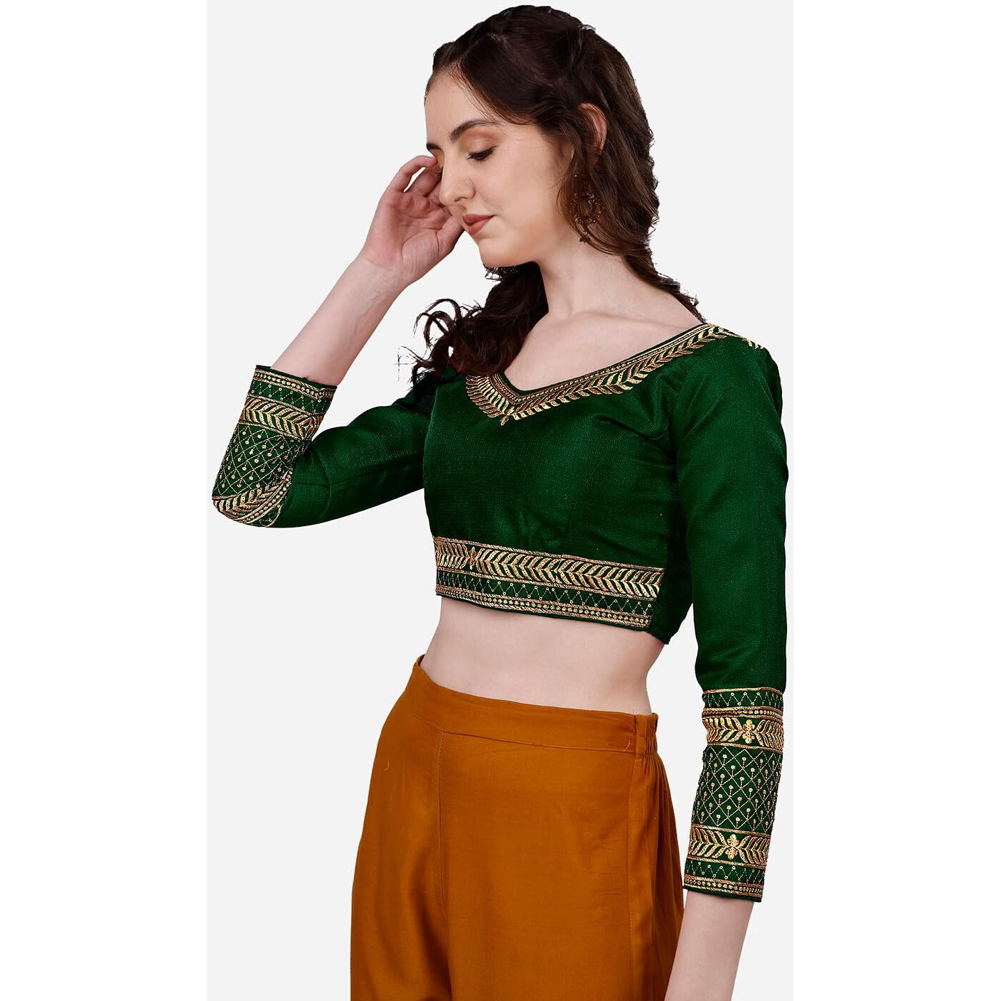Pujia Mills Women's Milan Silk Heavy Embroidery With Sequins Worked Full Sleeve Fancy Saree Blouse Green(Charlie Green)