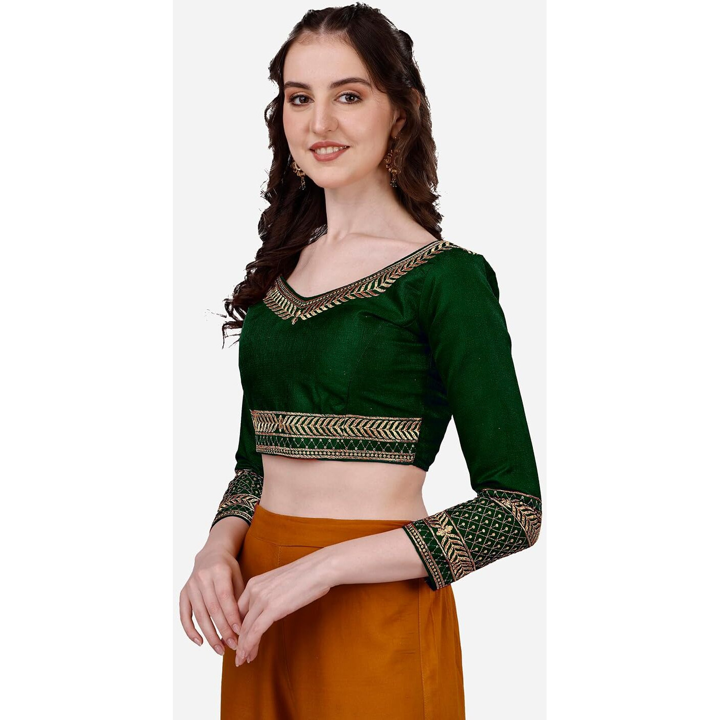 Pujia Mills Women's Milan Silk Heavy Embroidery With Sequins Worked Full Sleeve Fancy Saree Blouse Green(Charlie Green)