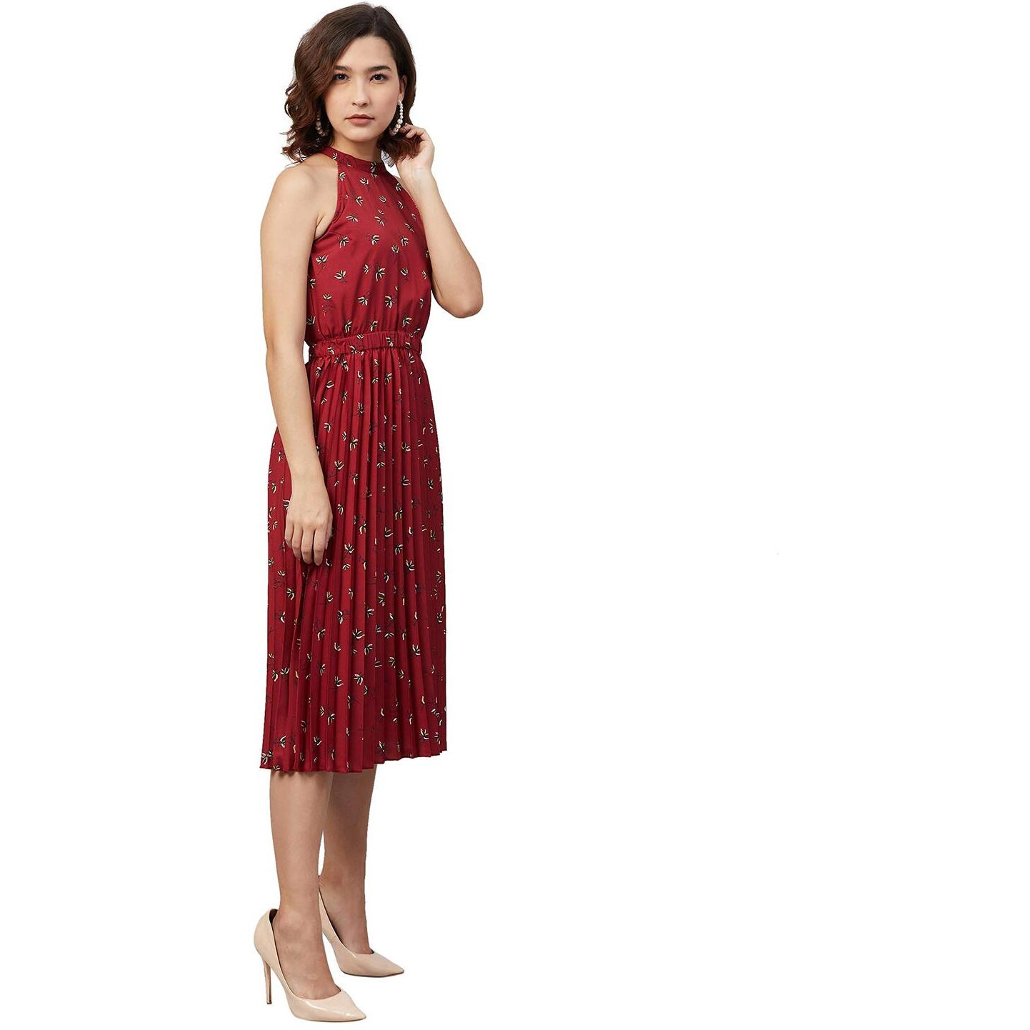 Rare Women's Crepe Fit And Flare Midi Casual Dress (Ep7013_Maroon_Small)