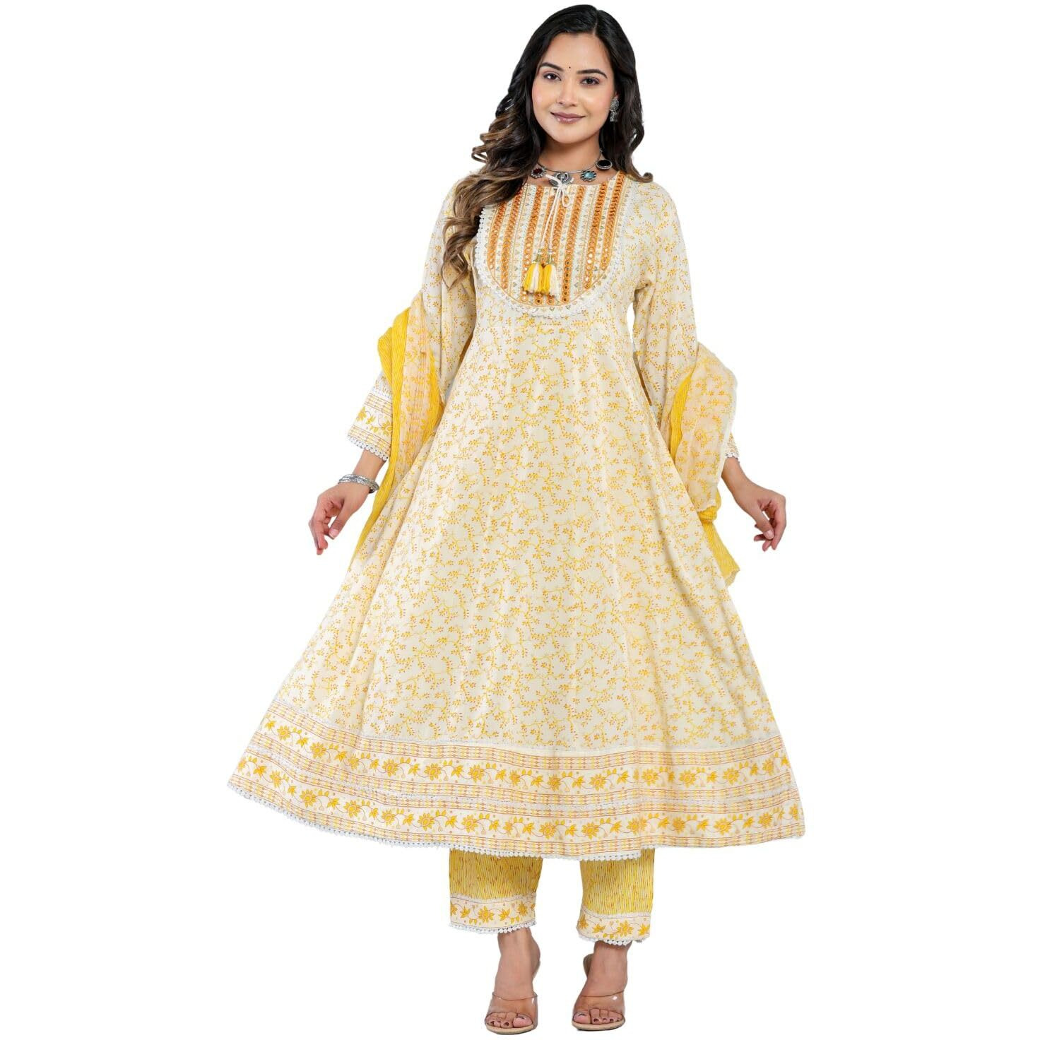 Rytras Women's Printed Anarkali Kurta Set With Palazzo Pants & Dupatta- Ethnic Wear, Yellow(Ryt584,L)