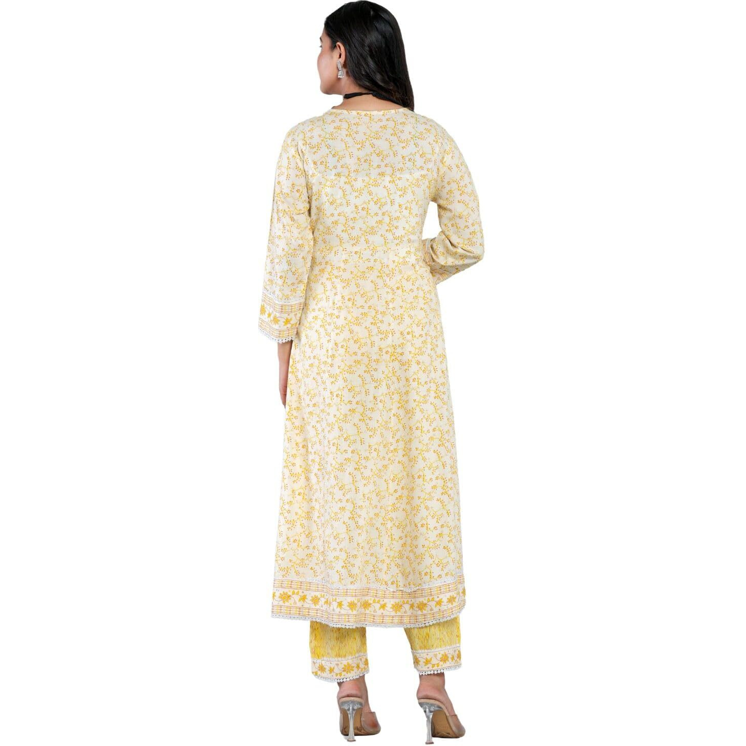 Rytras Women's Printed Anarkali Kurta Set With Palazzo Pants & Dupatta- Ethnic Wear, Yellow(Ryt584,L)