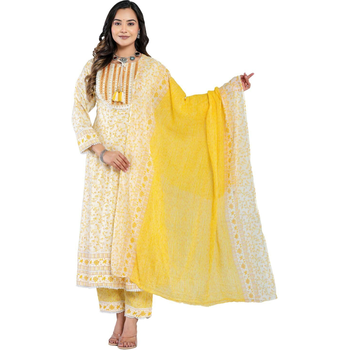 Rytras Women's Printed Anarkali Kurta Set With Palazzo Pants & Dupatta- Ethnic Wear, Yellow(Ryt584,L)