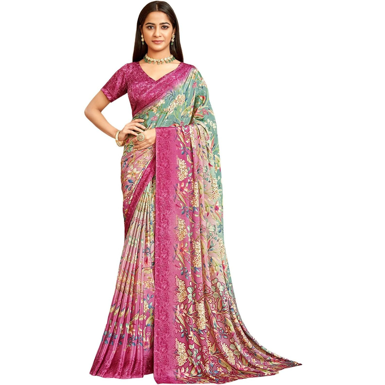 Satrani Women's Silk Crepe Floral Printed Saree With Unstitched Blouse Piece (4037S3242N_Pink & Green)