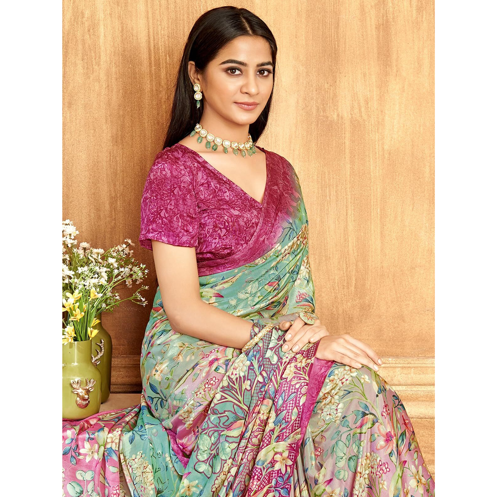Satrani Women's Silk Crepe Floral Printed Saree With Unstitched Blouse Piece (4037S3242N_Pink & Green)