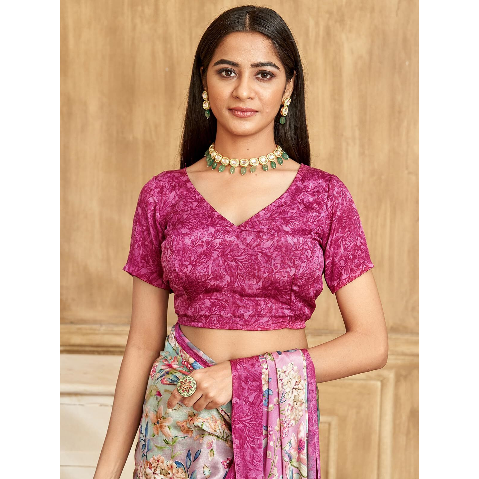 Satrani Women's Silk Crepe Floral Printed Saree With Unstitched Blouse Piece (4037S3242N_Pink & Green)