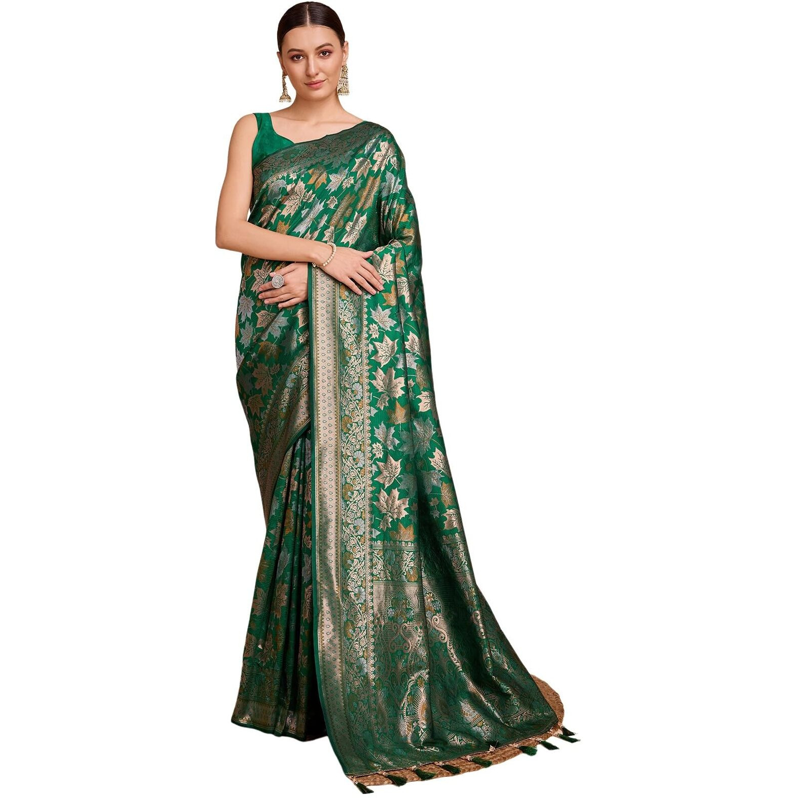 Satrani Women's Silk Banarasi Jacquard Saree With Unstitched Blouse Piece (3857S225N_Green)