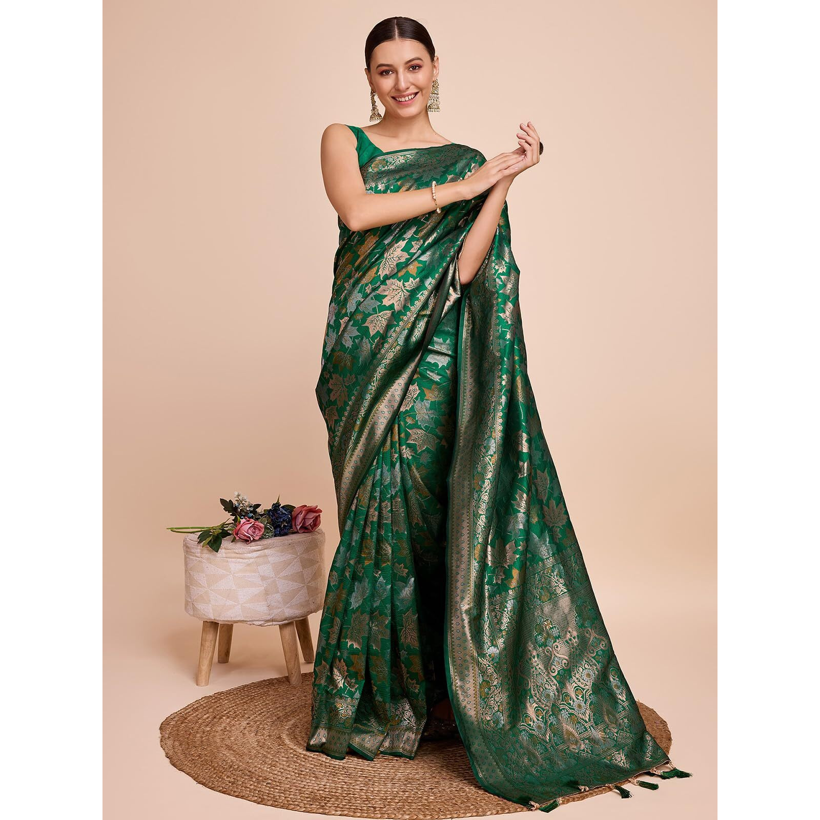 Satrani Women's Silk Banarasi Jacquard Saree With Unstitched Blouse Piece (3857S225N_Green)