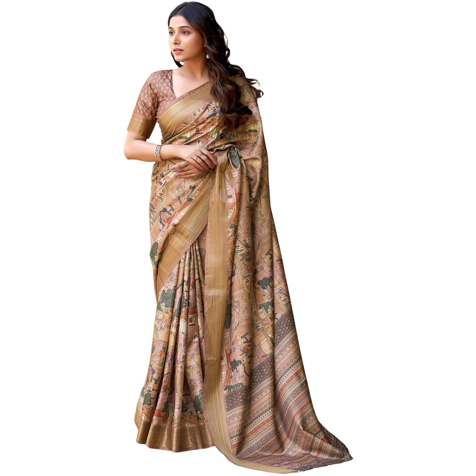 Satrani Women's Dola Silk Printed Weaving Border Saree With Unstitched Blouse Piece (4081S194N_Dark Beige)