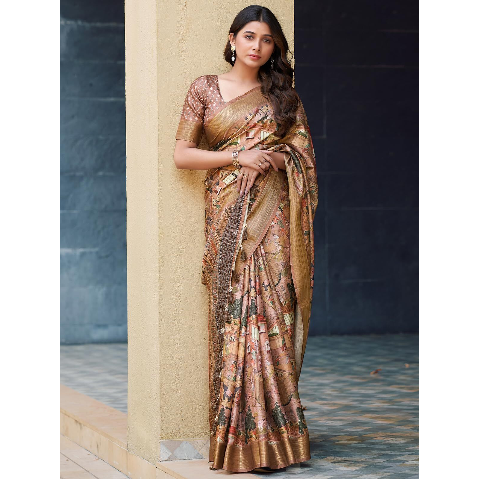 Satrani Women's Dola Silk Printed Weaving Border Saree With Unstitched Blouse Piece (4081S194N_Dark Beige)