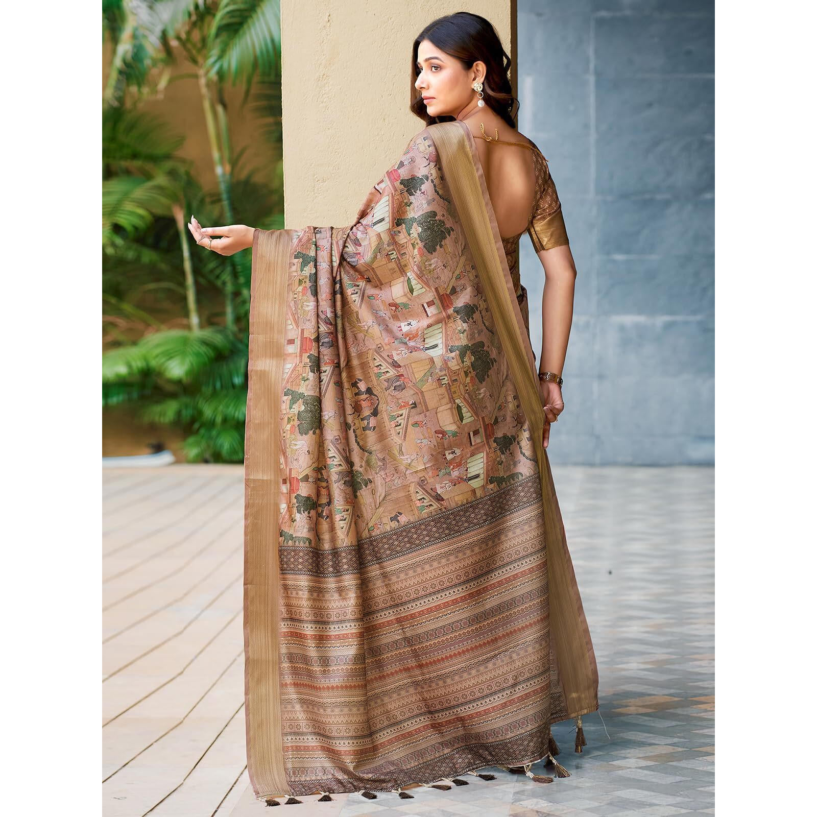 Satrani Women's Dola Silk Printed Weaving Border Saree With Unstitched Blouse Piece (4081S194N_Dark Beige)