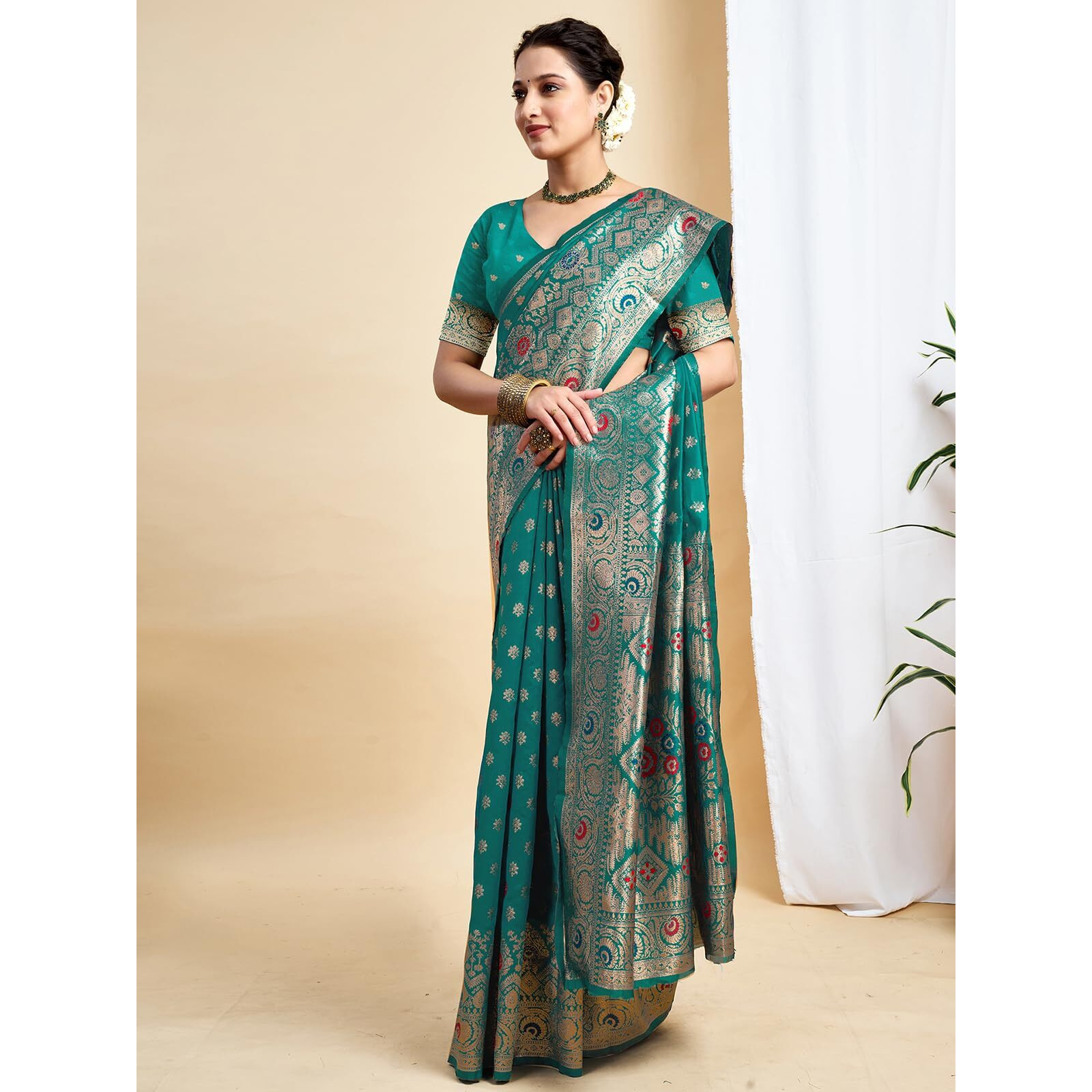 Satrani Women's Banarasi Silk Weaving Saree With Unstitched Blouse Piece (4208S855N_Teal Green)