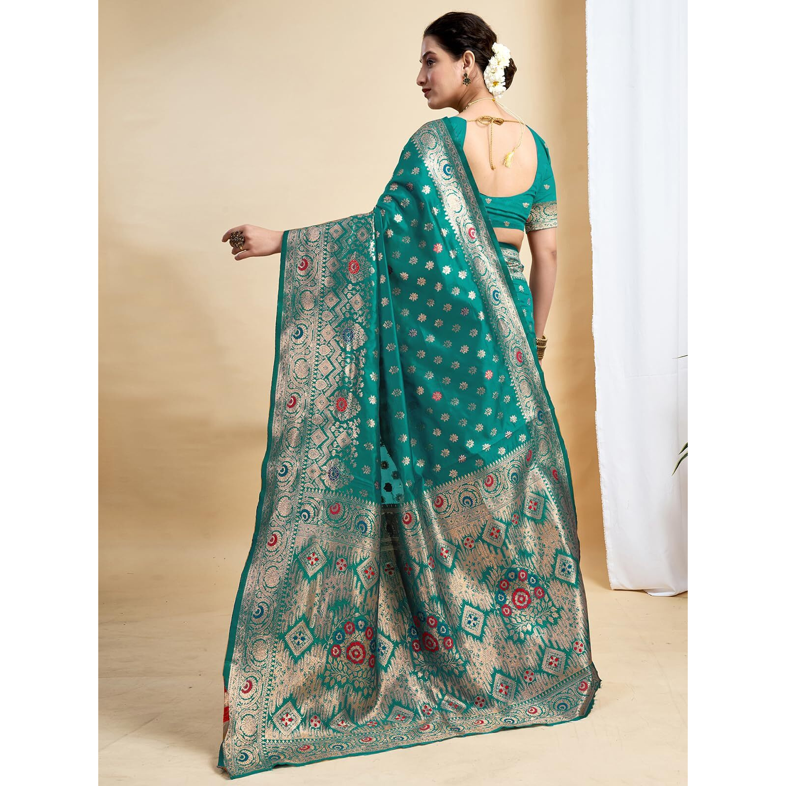 Satrani Women's Banarasi Silk Weaving Saree With Unstitched Blouse Piece (4208S855N_Teal Green)