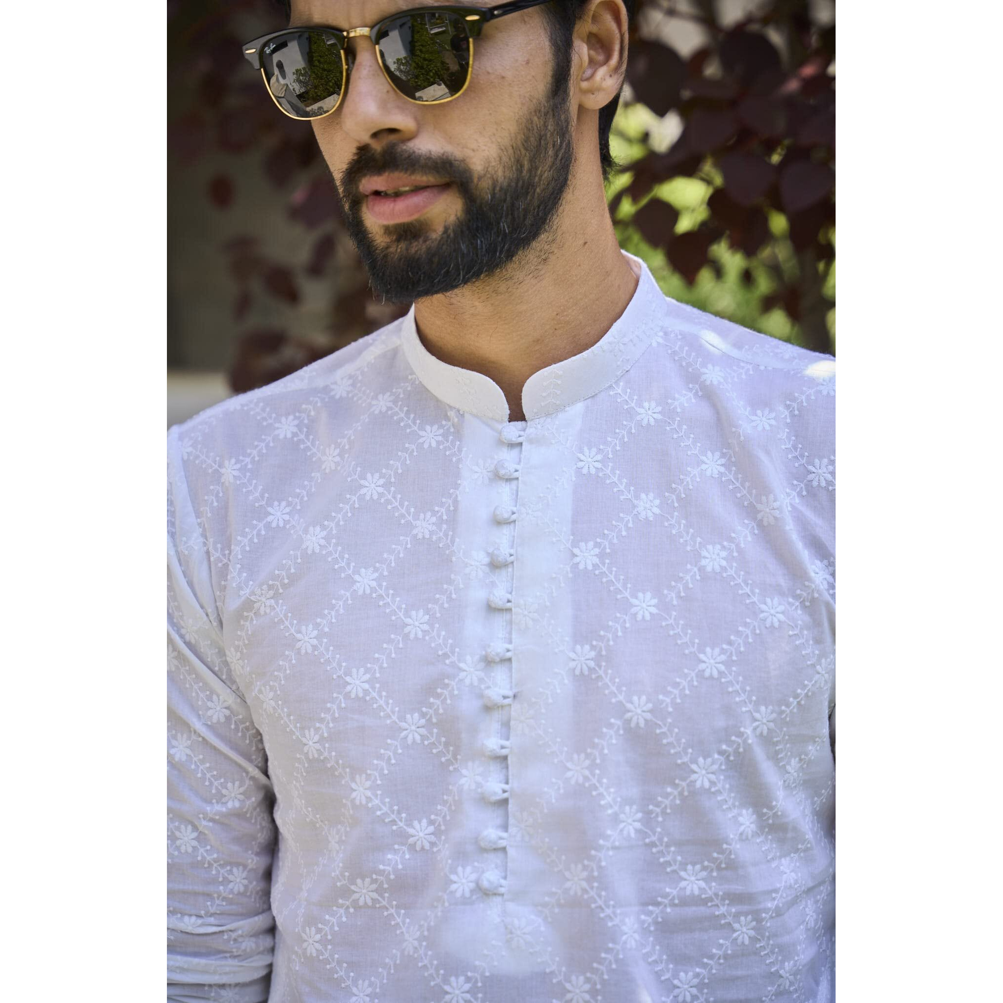 See Designs White Cotton Regular Fit Embroidered Kurta Set Mandarin Collar Long Sleeves_Sdmkt109403Xs