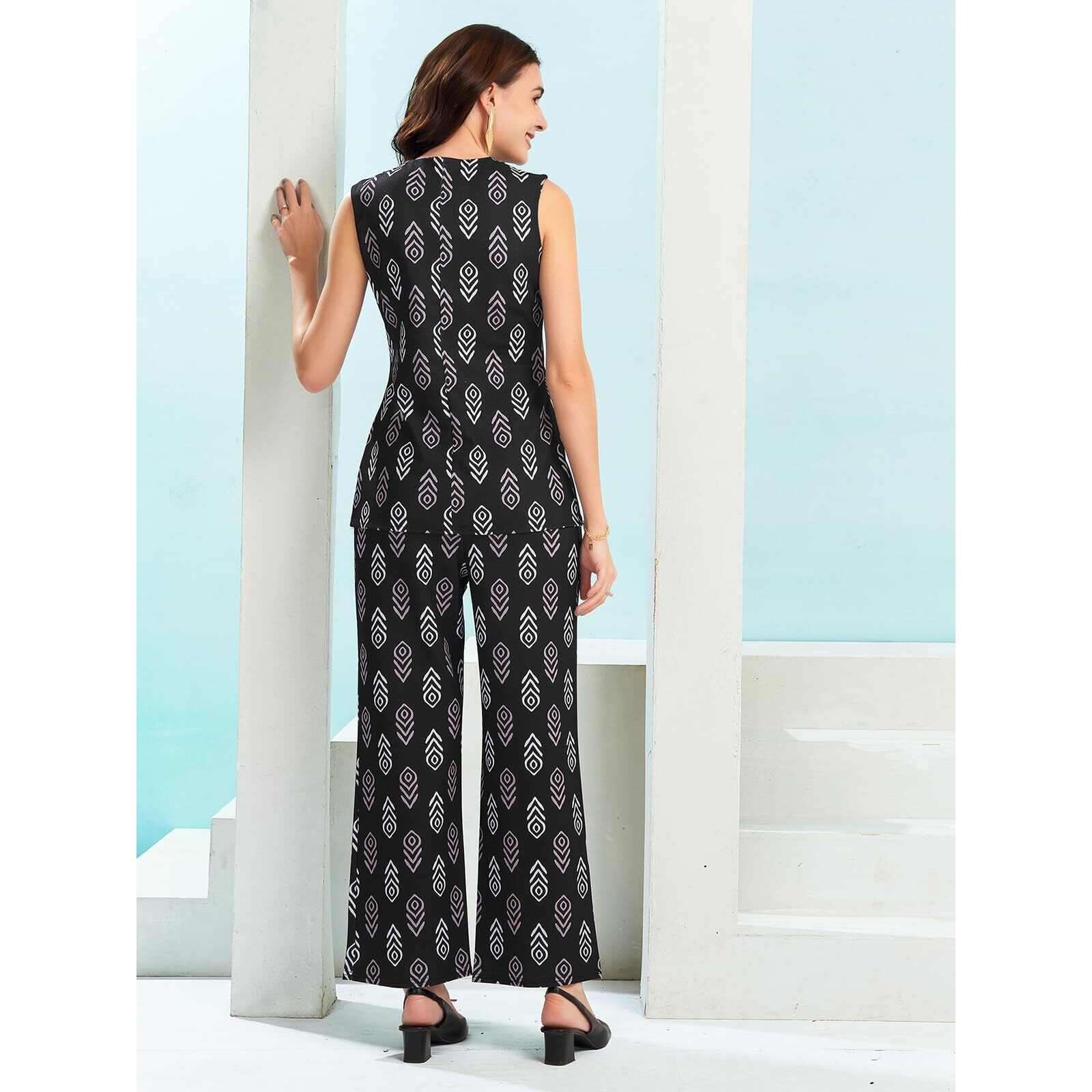 Selvia Co-Ords Set For Women | Lycra Top & Trouser Co-Ords Set | Formal Co-Ords Set For Women | Printed Two Piece Co-Ord Set | Office Wear Co-Ords Set(646Ctk11306N-L_Black & White & Mauve)